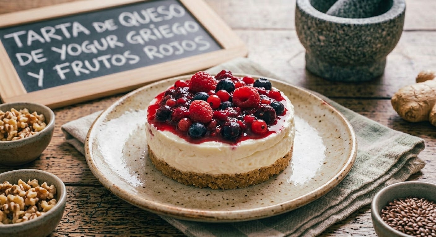 Una tarta de queso individual de yogur griego con una base de galleta, cubierta generosamente con bayas mixtas frescas (frambuesas, arándanos, grosellas rojas), sobre un plato rústico en una mesa de madera. Detrás de la tarta, a la izquierda, hay una pequeña pizarra de tiza con la inscripción "TARTA DE QUESO DE YOGUR GRIEGO Y FRUTOS ROJOS". A la derecha, un mortero de piedra gris y jengibre fresco. Dos cuencos con nueces picadas a la izquierda y un cuenco con semillas a la derecha completan la escena rústica