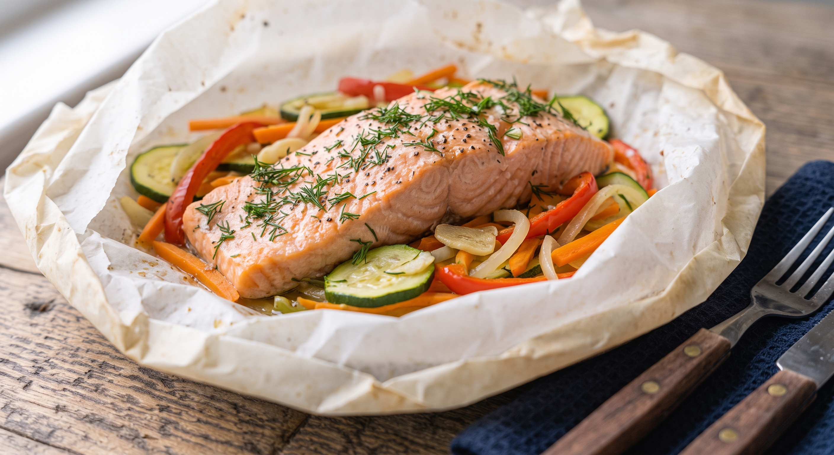 Un plano medio elevado de un filete de salmón al horno servido en papillote con verduras mixtas (brócoli, zanahorias, espárragos y pimiento rojo) en un paquete de papel pergamino abierto y atado con hilo de cocina. El paquete se asienta sobre un plato de cerámica rústica oscura sobre una mesa de madera desgastada, cerca de una ventana. En el plato hay eneldo fresco y un trozo de limón. A la derecha hay cubiertos de acero inoxidable sobre una servilleta de lino de color óxido.