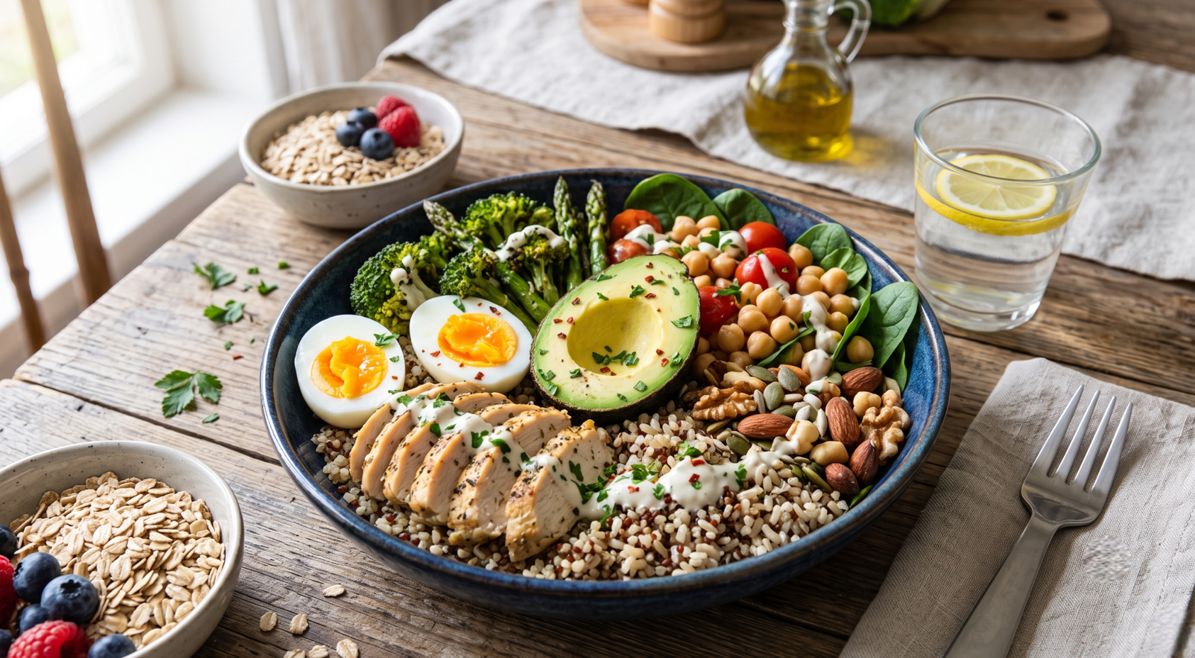 Mesa con huevos cocidos, patata cocida, manzana, yogur griego y avena como alimentos saciantes