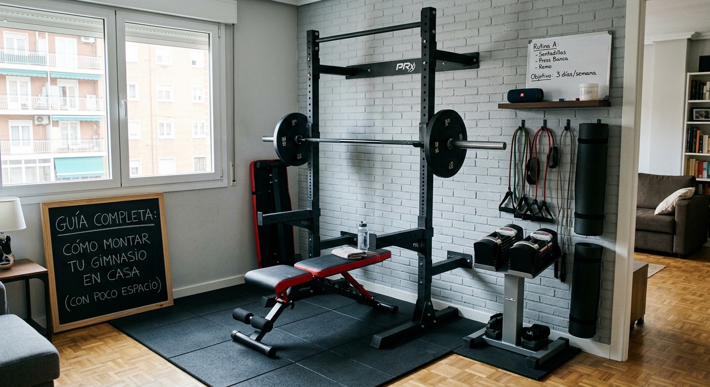 Fotografía realista de un gimnasio completo y compacto montado en el rincón de un apartamento. Sobre un suelo de losas protectoras de goma, hay un rack de musculación plegable anclado a la pared con barra y discos, un banco ajustable, y mancuernas de peso seleccionable. En la pared hay accesorios colgados y una pizarra blanca con una rutina. A la izquierda, una pizarra negra con tiza muestra el texto: 'GUÍA COMPLETA: CÓMO MONTAR TU GIMNASIO EN CASA (CON POCO ESPACIO)'