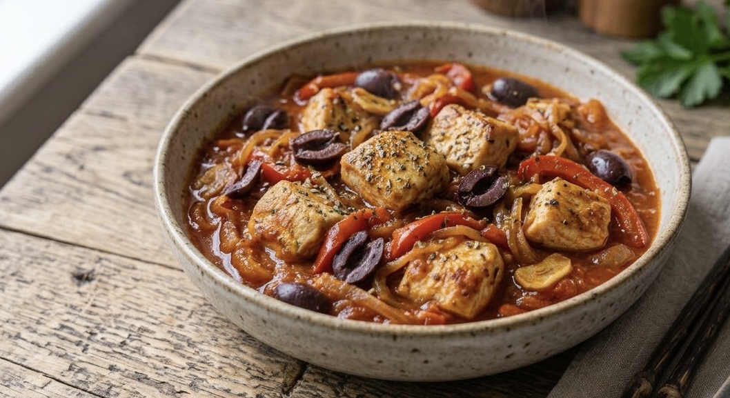 Un plano medio elevado de un tazón de cerámica rústica moteada sobre una mesa de madera desgastada, que contiene un abundante guiso mediterráneo de cubos de pollo dorados, aceitunas negras, tiras de pimiento rojo y cebolla caramelizada en una salsa de tomate espesa y condimentada. A la derecha del tazón, sobre una servilleta de lino gris doblada, hay un par de palillos de madera oscuros y una cuchara de cerámica. Al fondo, a la derecha, se ven un manojo de perejil fresco y dos molinillos de madera. La luz natural entra por una ventana a la izquierda.