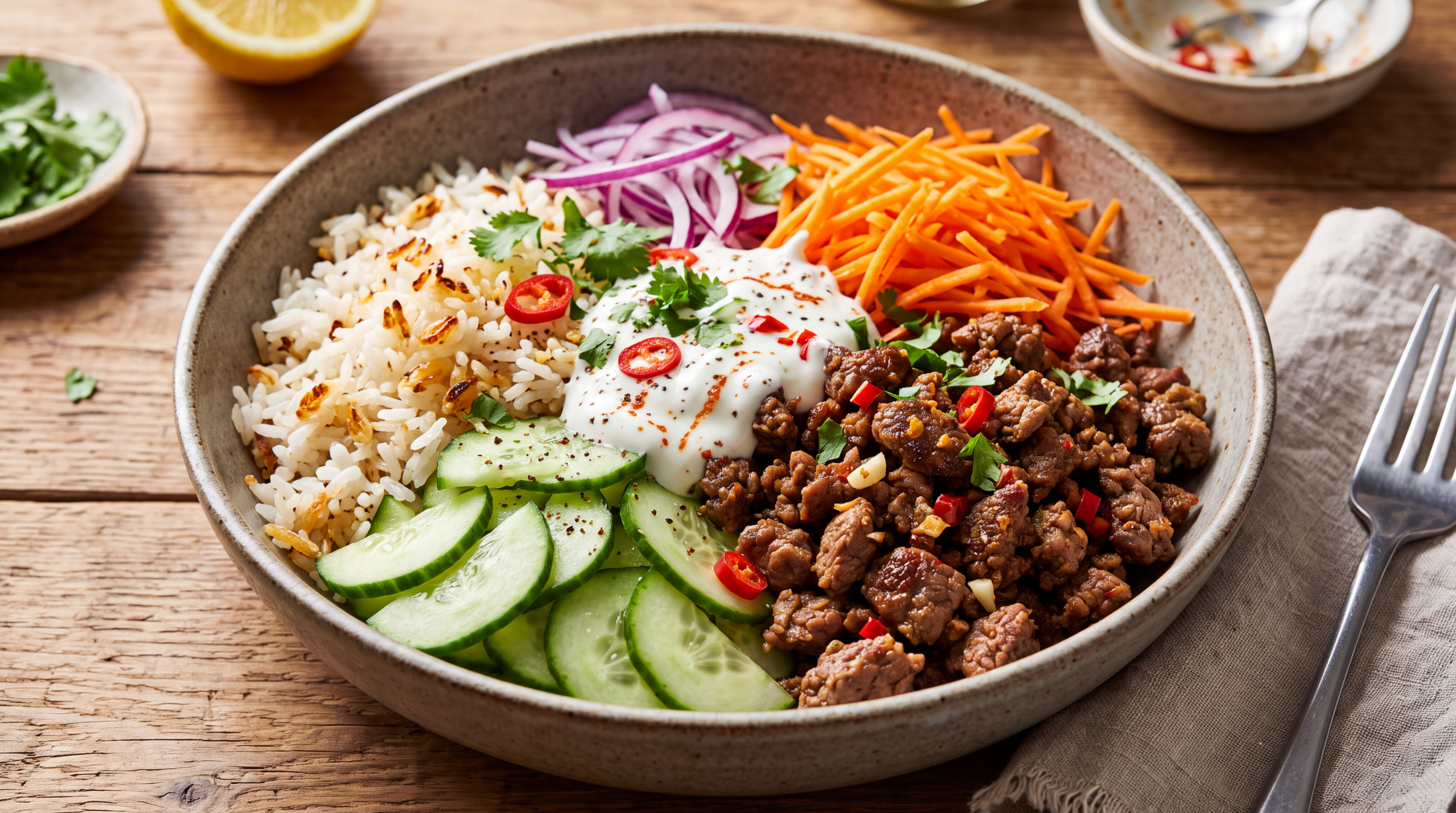 Bowl de ternera, pepino y arroz crujiente
