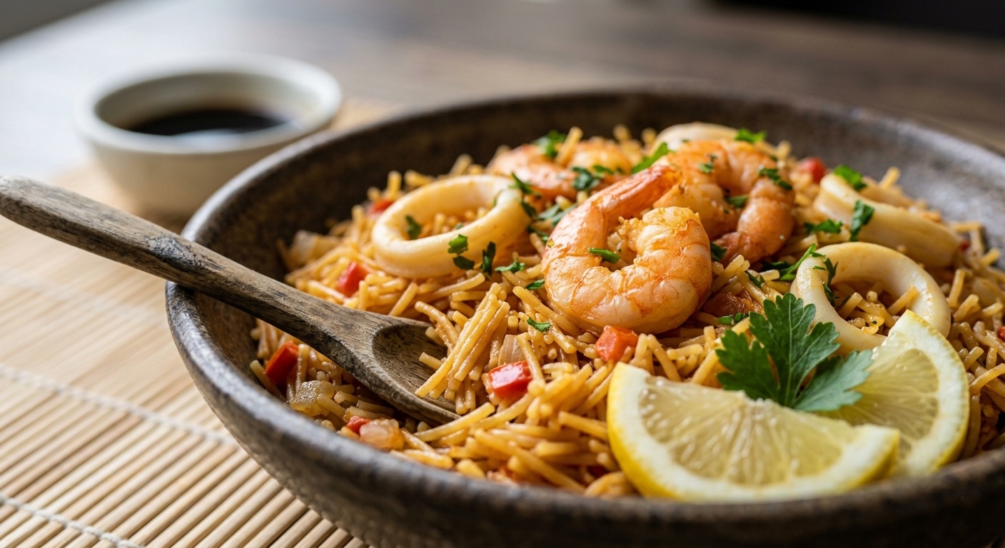 Un primer plano detallado de un cuenco de cerámica rústica lleno de fideuá con mariscos. Varios langostinos grandes y anillas de calamar están dispuestos sobre los fideos cortos y dorados, que están mezclados con cubos de pimiento rojo y cebolla. El plato está decorado con perejil fresco picado y gajos de limón fresco con una ramita de perejil. Una cuchara de madera tallada descansa en el borde izquierdo del cuenco. El cuenco está sobre una esterilla de bambú, y en el fondo desenfocado hay una mesa de madera oscura y un pequeño cuenco de salsa oscura. La iluminación es natural y suave.