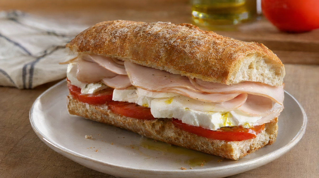 Sándwich de pavo, queso fresco, aceite y tomate