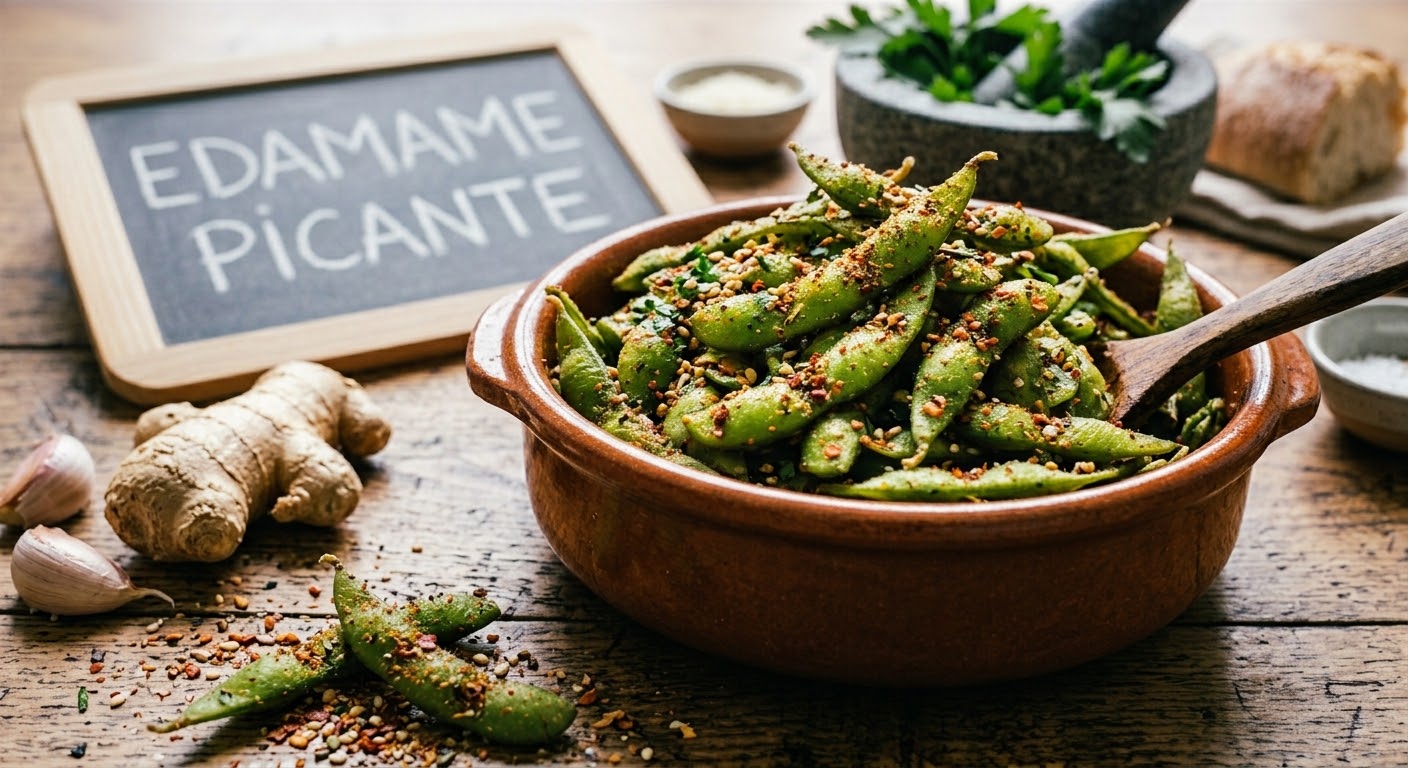 Primer plano de un cuenco rústico de terracota lleno de edamame verde sazonado con hojuelas de chile y sésamo. A la izquierda, una pequeña pizarra con marco de madera tiene el texto escrito a tiza: "EDAMAME PICANTE". Una raíz de jengibre y ajo están a su lado. A la derecha, un mortero de piedra con perejil fresco, un cuenco de sal y pan artesanal sobre una mesa de madera texturizada.