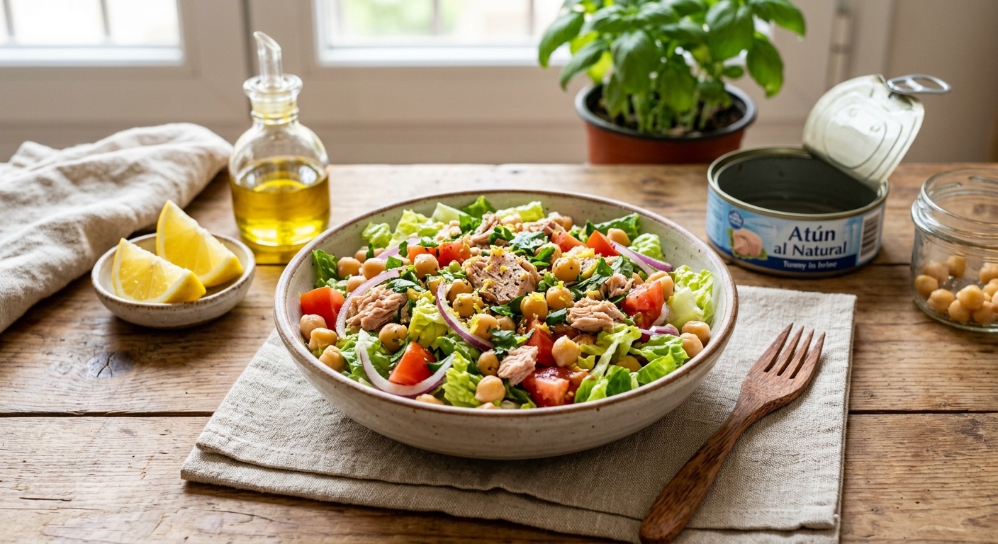 Un tazón rústico con ensalada fresca de atún, garbanzos, lechuga y tomate sobre una mesa de madera, acompañado de gajos de limón, aceite de oliva y una lata de atún al natural.