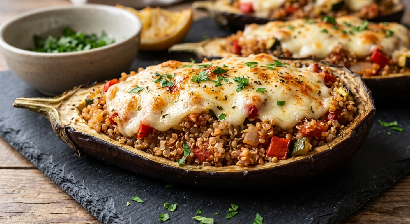 Una toma de primer plano en ángulo de berenjenas horneadas y rellenas, servidas sobre una fuente de pizarra negra sobre una mesa de madera. El relleno visible es una mezcla de quinoa cocida, tomates picados, pimientos y calabacín, cubierto con queso mozzarella derretido y ligeramente dorado, y espolvoreado con perejil fresco picado y orégano. Al fondo hay un pequeño cuenco con perejil fresco picado y otra berenjena rellena desenfocada.