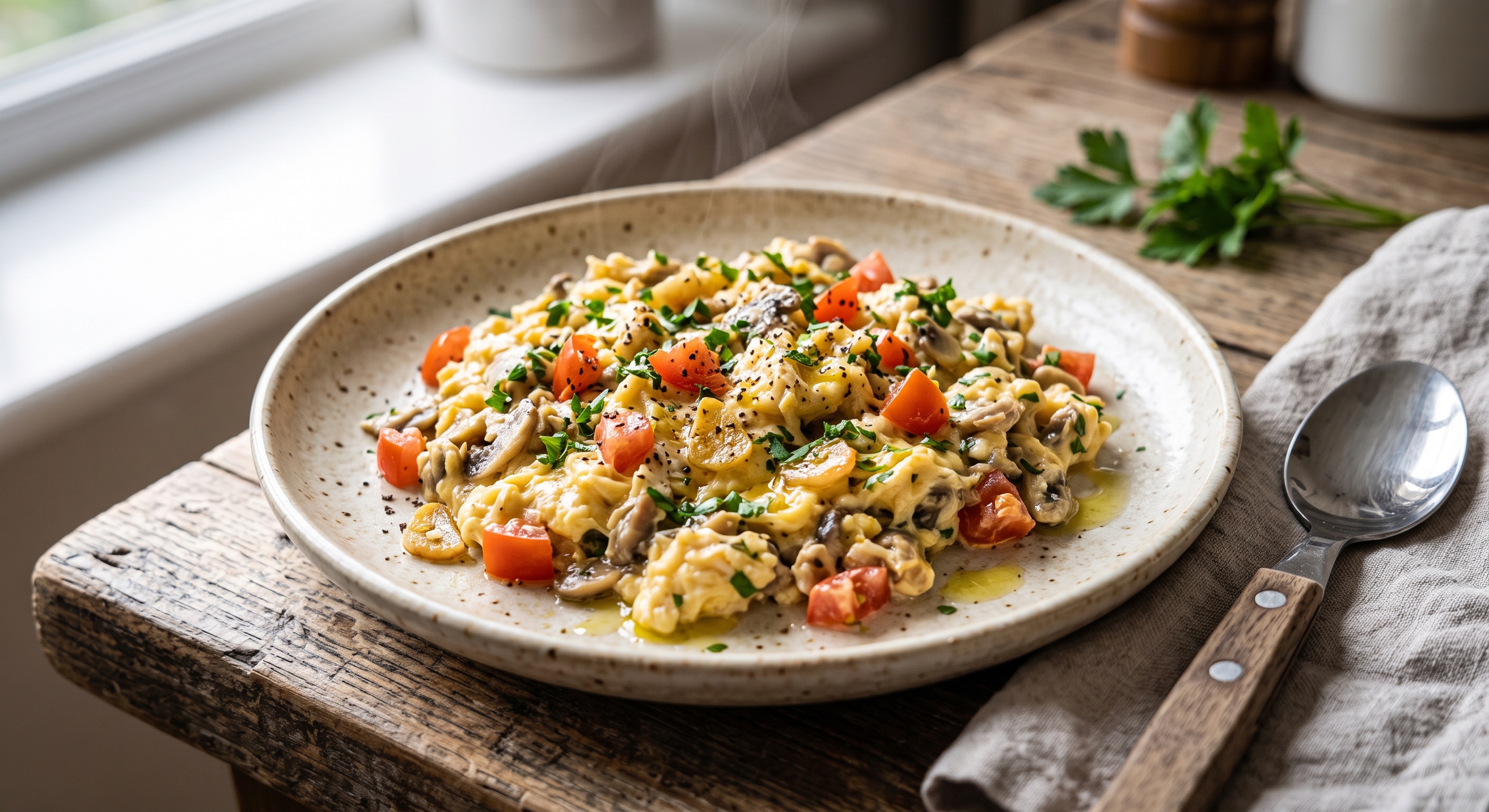 Un primer plano apetitoso de un plato artesanal de cerámica moteada con huevos revueltos cremosos, mezclados con champiñones laminados. El plato está coronado con dados de tomate rojo fresco, rodajas de ajo asado dorado y una generosa guarnición de perejil fresco finamente picado y pimienta negra molida, con un chorrito de aceite de oliva virgen extra. Una sutil voluta de vapor se eleva desde el plato, indicando que está recién preparado y caliente. El plato descansa sobre una mesa de madera de granja envejecida y rústica. A la derecha, sobre una servilleta de lino gris claro, hay un tenedor y una cuchara con mangos de madera. El fondo está borroso pero muestra una ventana con luz natural suave y una rama de perejil fresco, creando un ambiente acogedor e hogareño.