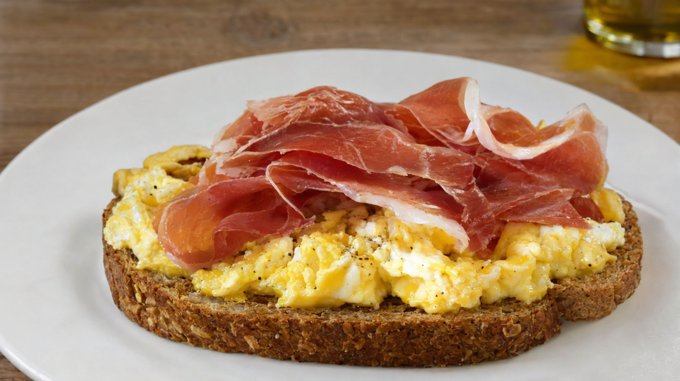 Tostada de pan integral con huevos revueltos y jamón serrano