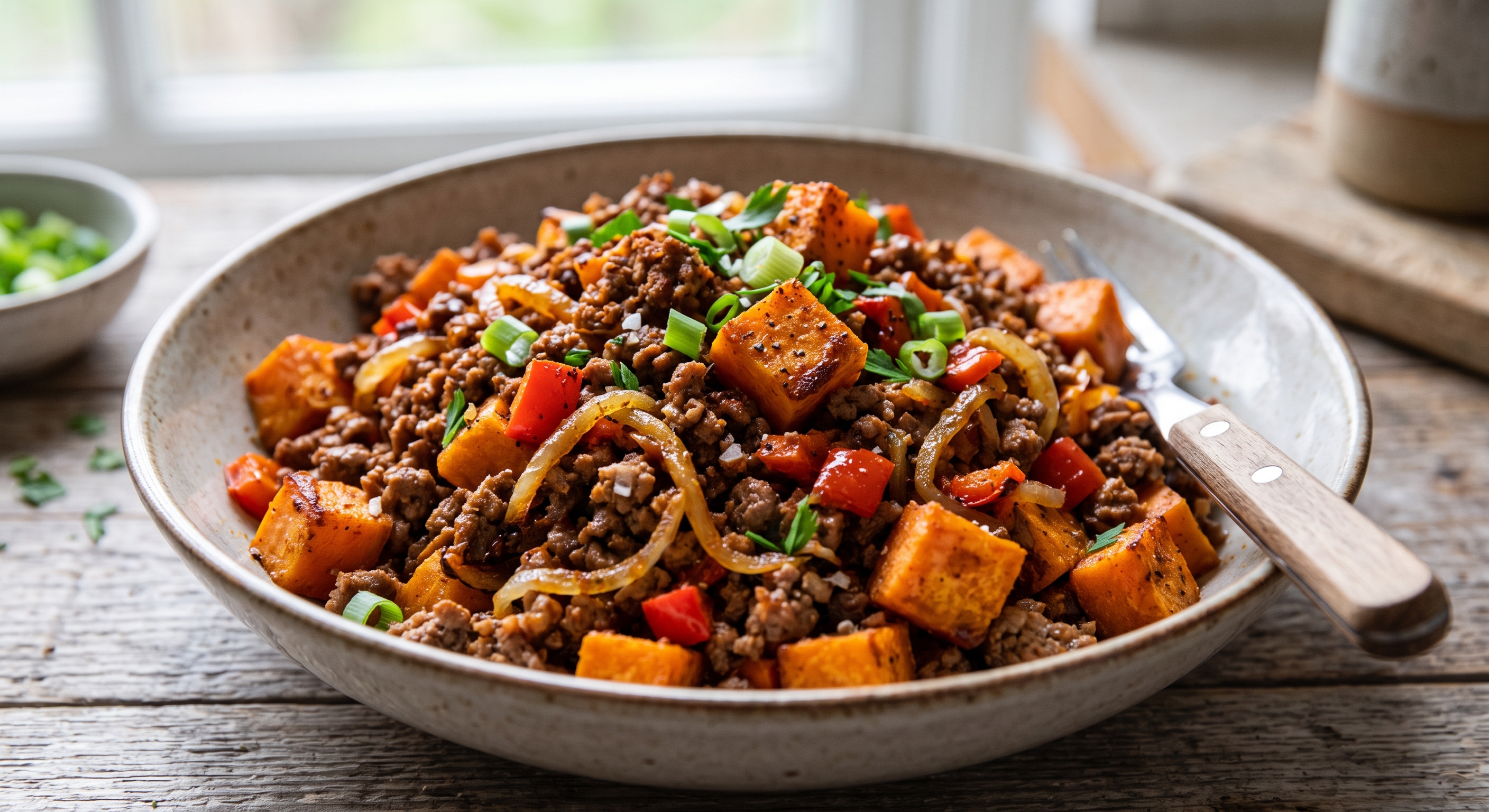 Un tazón de cerámica rústica lleno de carne picada cocida, cubos de boniato asado de color naranja y pimientos rojos, cubierto con cebolletas picadas. El tazón está sobre una mesa de madera envejecida, con un tenedor de mango de madera a la derecha y un fondo borroso con luz natural.