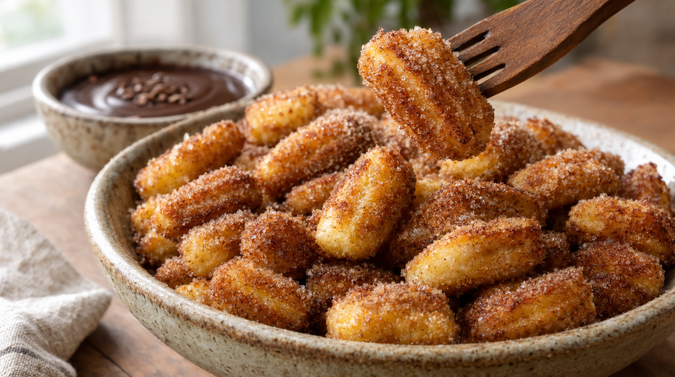 Fotografía macro de cerca en ángulo de 45 grados de ñoquis de patata dorados y crujientes que imitan a los churros, generosamente rebozados en una brillante mezcla de eritritol y canela. Los ñoquis están apilados en un cuenco rústico de cerámica. Un tenedor de madera sostiene un ñoqui ligeramente por encima del montón, mostrando su exterior tostado y texturizado. En el fondo, suavemente desenfocado, se aprecia un pequeño bol con una espesa salsa de chocolate proteico para mojar. La luz natural de la mañana resalta el acabado cristalizado de la canela, creando una escena sumamente apetecible.