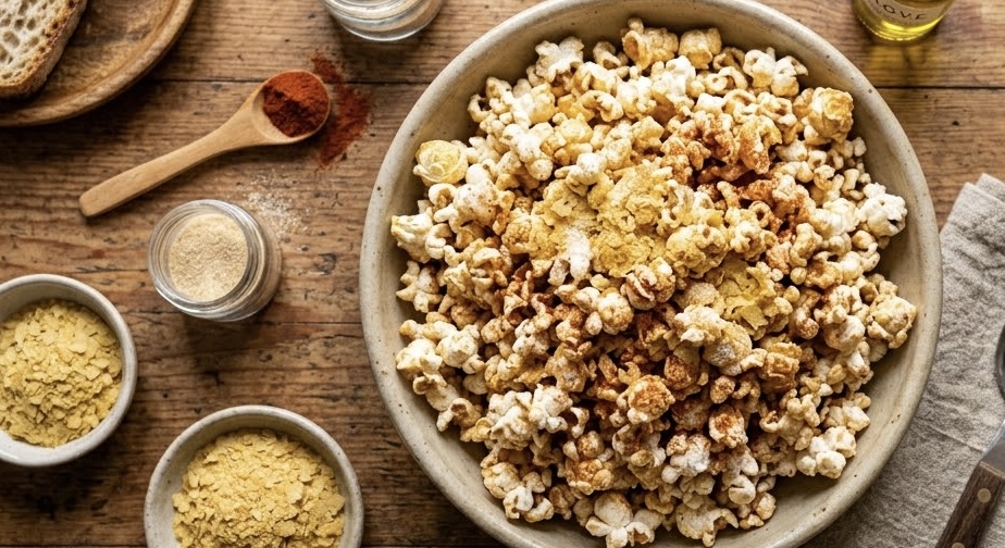 Una vista aérea rústica muestra un bol grande de palomitas de maíz sazonadas en el centro sobre una mesa de madera desgastada. Las palomitas están cubiertas con copos amarillos de levadura nutricional y pimentón. Alrededor del bol, hay cuencos pequeños con más levadura nutricional y especias, tarros de cristal, una cuchara de madera, rebanadas de pan rústico en platos de madera, un paño de cocina de lino con una cuchara de metal, una botella de aceite de oliva, hojas de laurel y una cabeza de ajo entera.