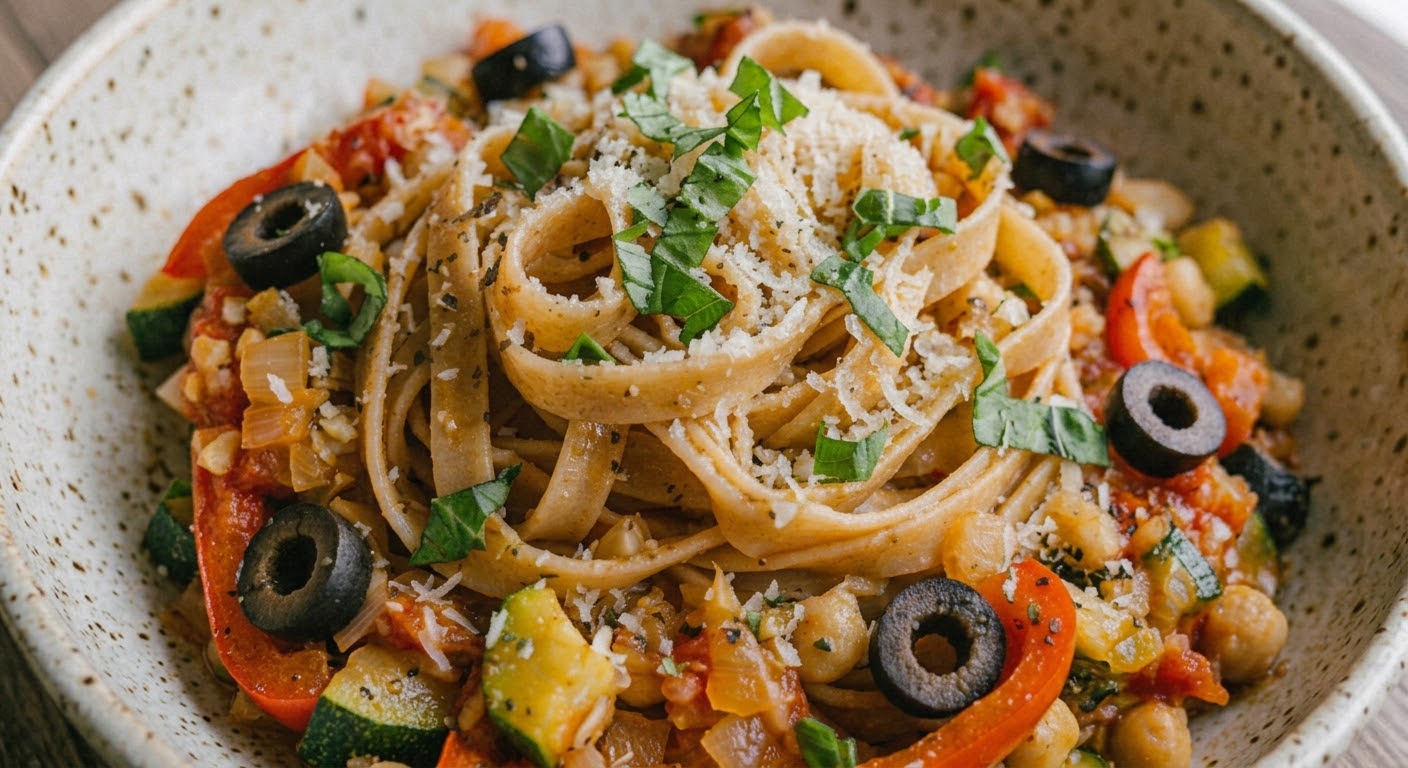 Un primer plano detallado de un tazón rústico de fettuccine de grano entero, mezclado con garbanzos, pimientos rojos y calabacines, y cubierto con aceitunas negras, albahaca fresca y queso parmesano rallado.
