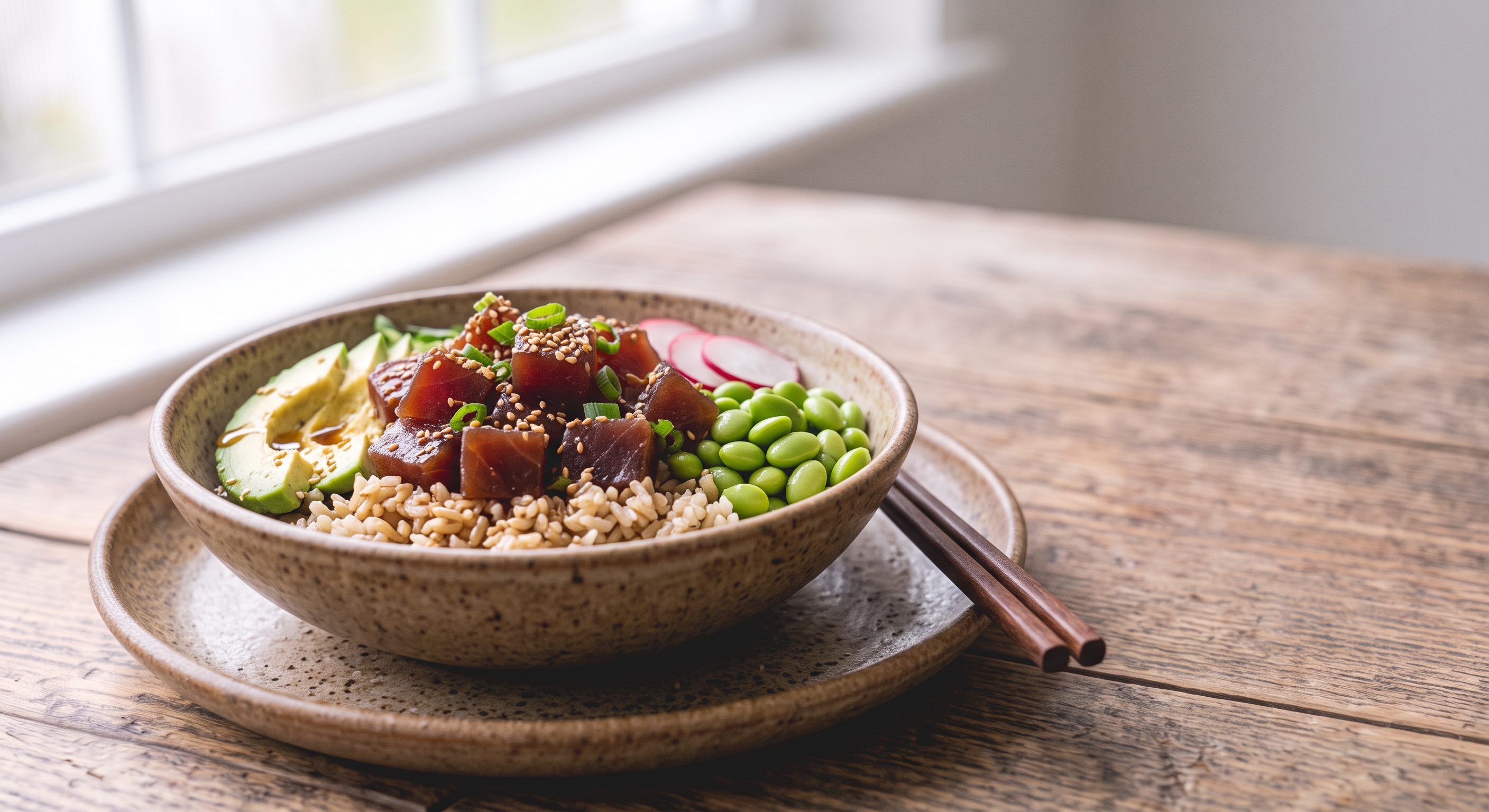 Un tazón de poke de atún servido en un tazón de cerámica rústica sobre una mesa de madera. El tazón está lleno de dados de atún crudo marinado, arroz integral, láminas de aguacate, edamame, rodajas de rábano, cebolletas picadas y semillas de sésamo. Un par de palillos de madera descansan a la derecha del tazón. Al fondo, una ventana con marcos blancos proporciona luz natural suave.