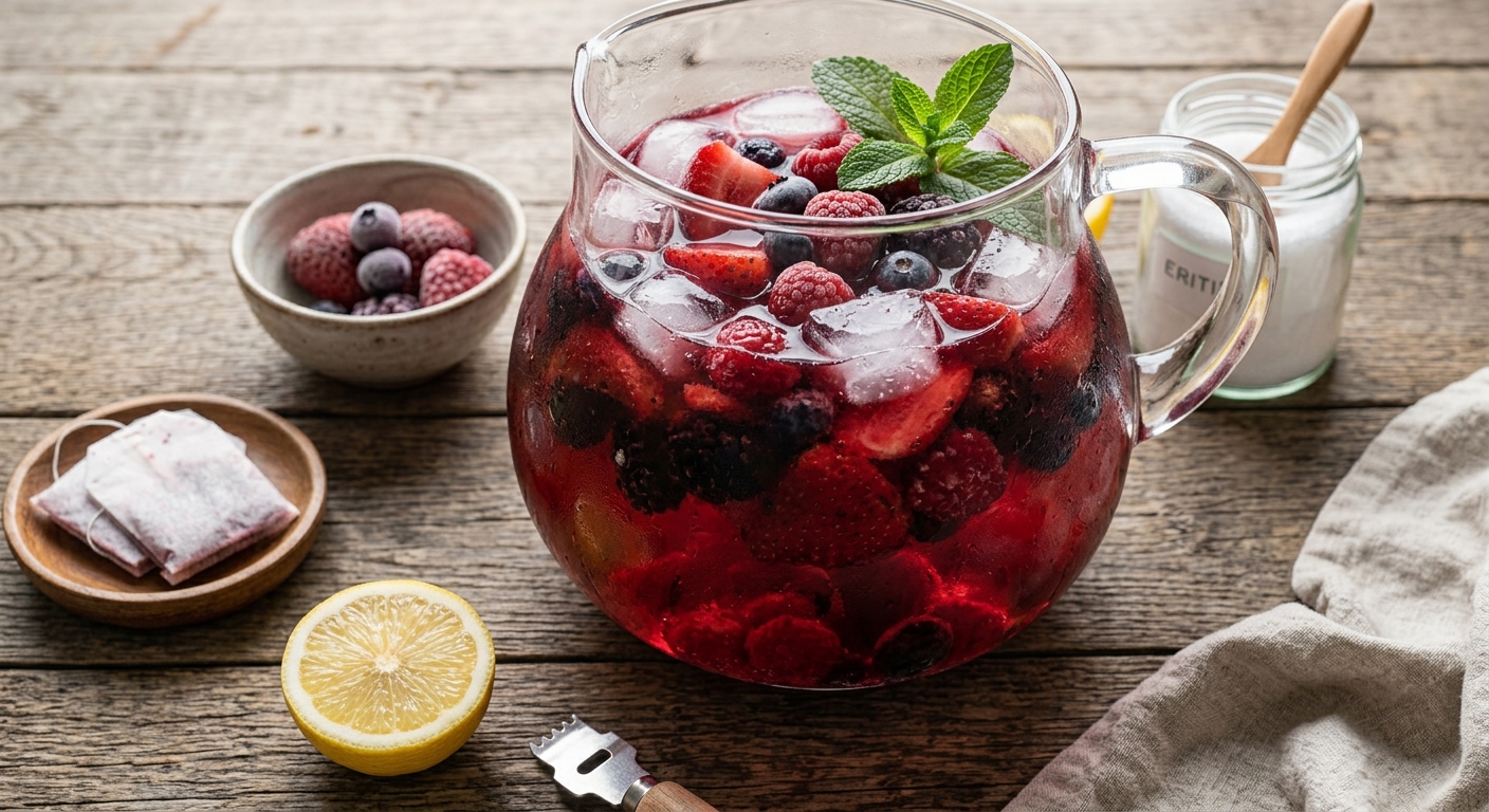 Vista en ángulo de una gran jarra de cristal llena de una refrescante infusión fría de color rojo intenso con hielo, abundante fruta fresca (fresas, frambuesas, moras y arándanos) y unas hojas de menta fresca en la parte superior. La jarra descansa sobre una mesa de madera rústica. Alrededor se disponen varios ingredientes y utensilios: a la izquierda, un cuenco pequeño con frutos rojos congelados y un platito de madera con dos bolsitas de té; en primer plano, medio limón amarillo y un rallador; y a la derecha, un frasco de vidrio con eritritol que contiene una cucharita de madera, junto a una servilleta de lino claro.