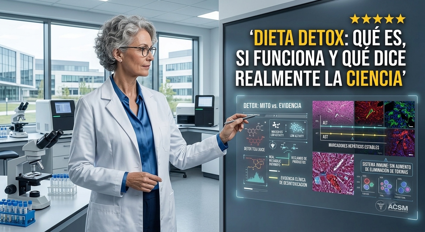 Una científica de pelo canoso en bata de laboratorio señala una gran pantalla digital interactiva en un laboratorio moderno. La pantalla muestra el título 'DIETA DETOX: QUÉ ES, SI FUNCIONA Y QUÉ DICE REALMENTE LA CIENCIA' con cinco estrellas de calificación. Debajo, un panel complejo compara datos de 'Mito vs. Evidencia', incluyendo micrografías de tejido hepático, gráficos de marcadores hepáticos estables y diagramas de células inmunes, refutando los reclamos de desintoxicación. El logotipo de ACSM es visible en la esquina inferior derecha de la pantalla.