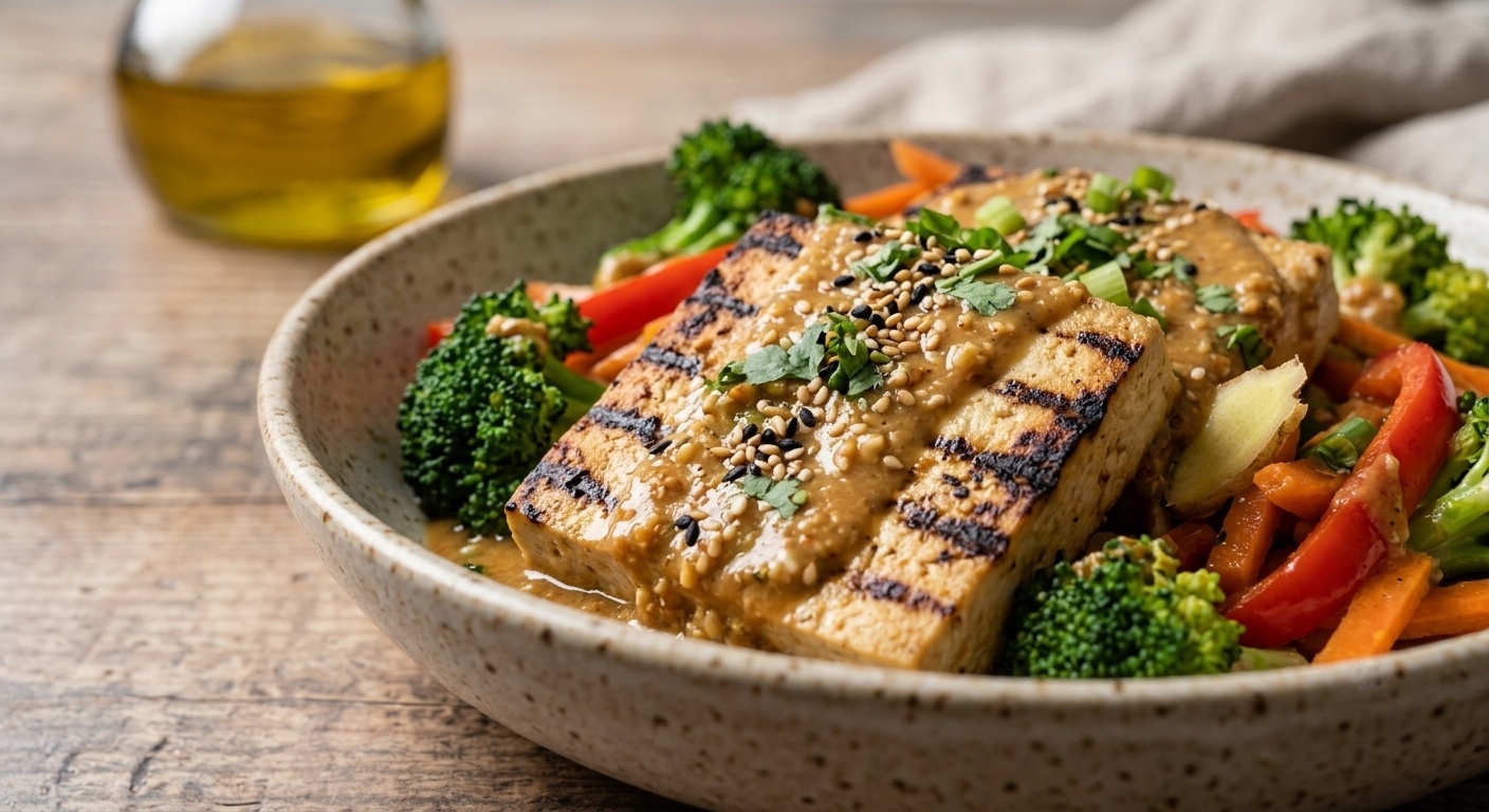 Un primer plano de un cuenco rústico de cerámica con dos filetes rectangulares de tofu a la plancha. El tofu está cubierto de una cremosa salsa marrón dorada y aderezado con semillas de sésamo blancas y negras, cilantro fresco y cebollino picado. El plato se completa con una colorida mezcla de verduras salteadas, incluyendo floretes de brócoli, palitos de zanahoria y pimientos rojos, todo sobre una mesa de madera rústica con una botella de aceite en el fondo desenfocado.