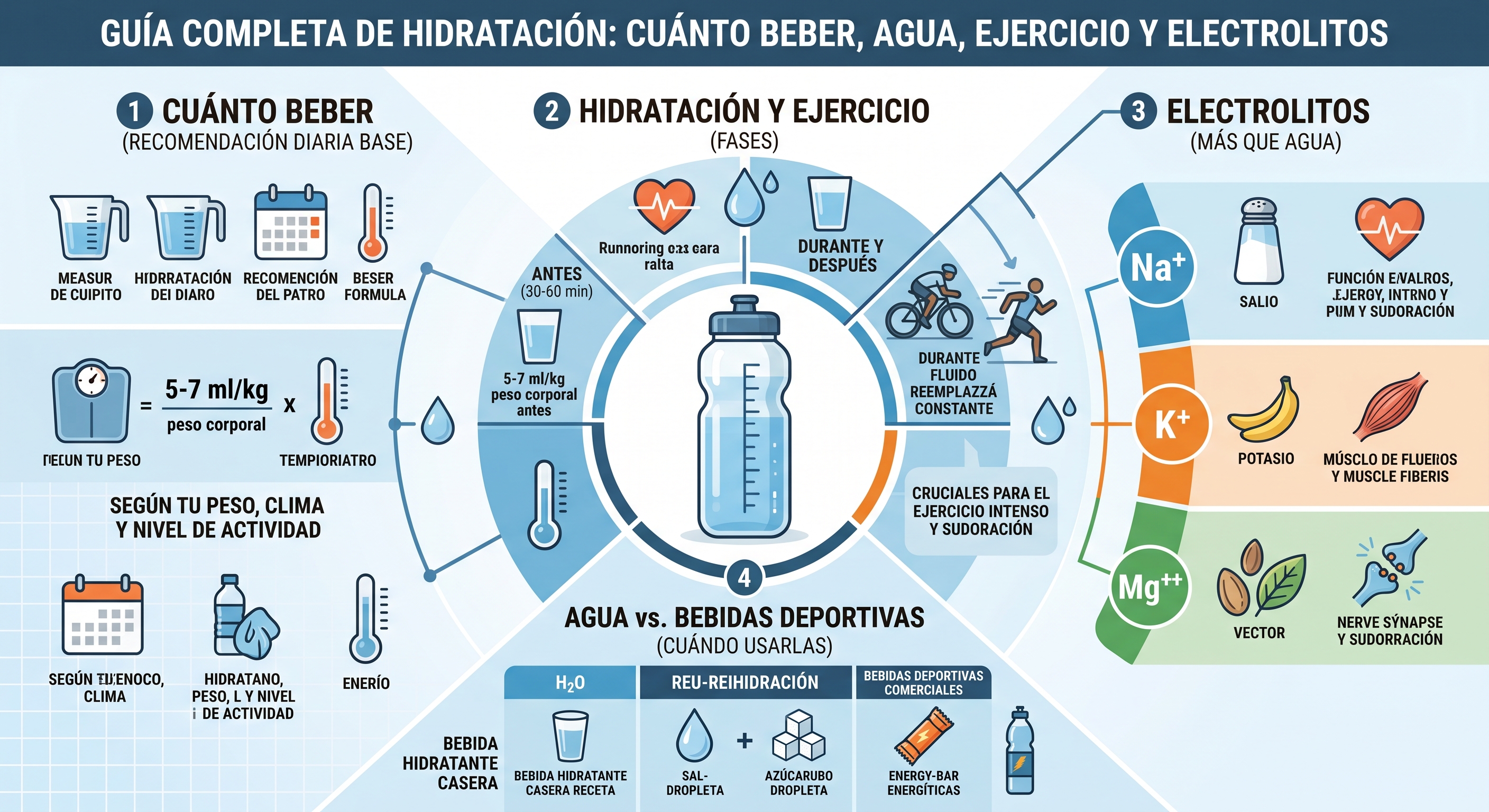 Una infografía detallada en español titulada "GUÍA COMPLETA DE HIDRATACIÓN: CUÁNTO BEBER, AGUA, EJERCICIO Y ELECTROLITOS". Está dividida en cuatro secciones numeradas dispuestas alrededor de un gráfico circular central de una botella de agua.  Sección 1 (izquierda): "CUÁNTO BEBER (RECOMENDACIÓN DIARIA BASE)". Muestra iconos de medición y un cuadro de fórmula que indica "5-7 ml/kg peso corporal", con flechas que indican un resultado basado en el peso. Debajo, texto: "SEGÚN TU PESO, CLIMA Y NIVEL DE ACTIVIDAD", con iconos de un calendario, una botella de agua y un termómetro.  Sección 2 (centro-superior): "HIDRATACIÓN Y EJERCICIO (FASES)". Un gráfico circular de etapas muestra: "ANTES (30-60 min)" con iconos de corazón, gota y texto de volumen; "DURANTE Y DESPUÉS" con iconos de gota y vaso. Debajo, un gráfico de actividades con ciclista y corredor, texto: "DURANTE FLUIDO REEMPLAZZÁ CONSTANTE", y "CRUCIALES PARA EL EJERCICIO INTENSO Y SUDORACIÓN".  Sección 3 (derecha): "ELECTROLITOS (MÁS QUE AGUA)". Tres bloques verticales para: Na+ (Sodio) con iconos de salero y corazón, texto distorsionado sobre función cardíaca, ejercicio y sudoración; K+ (Potasio) con iconos de bananas y músculo, texto distorsionado sobre función muscular; y Mg++ (Magnesio) con iconos de semillas/cápsulas y sinapsis nerviosa, texto distorsionado sobre transmisión nerviosa y sudoración.  Sección 4 (inferior): "AGUA vs. BEBIDAS DEPORTIVAS (CUÁNDO USARLAS)". Una tabla comparativa de tres columnas con cabeceras distorsionadas, presumiblemente para agua, bebidas deportivas caseras y bebidas deportivas comerciales. Muestra iconos de un vaso de agua, una gota de agua con cubos de azúcar/barrita y una barrita energética/botella de bebida deportiva comercial. El texto inferior distorsionado sugiere ingredientes como sal, azúcar y componentes energéticos.