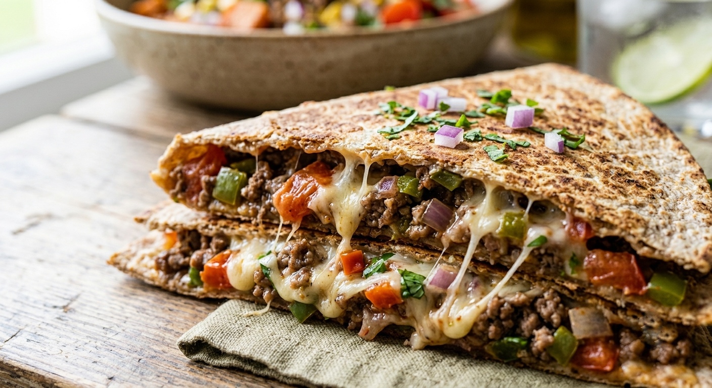 Un primer plano de una quesadilla de tortilla integral tostada, cortada en dos trozos triangulares y rellena generosamente con carne picada de ternera cocinada, queso derretido que se estira, pimientos verdes y rojos picados y cebolla morada. La superficie tostada de la quesadilla está adornada con cilantro fresco picado y daditos de cebolla morada. Reposa sobre una servilleta de tela verde salvia doblada, encima de una mesa de madera rústica y desgastada. En el fondo desenfocado, se vislumbra un tazón de ensalada con maíz y tomates, y un vaso de agua con una rodaja de lima y cubitos de hielo, todo bajo una luz natural suave que entra por una ventana.
