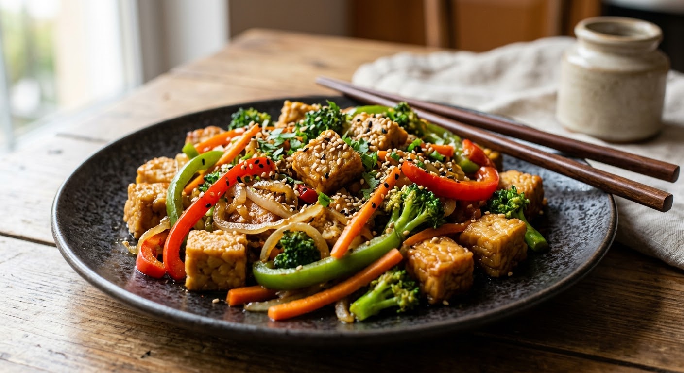 Un vibrante primer plano de un salteado glaseado de tempeh en cubos y verduras (pimientos rojos y verdes, zanahorias y brócoli) servido en un plato de cerámica oscuro y texturizado. La comida está generosamente espolvoreada con semillas de sésamo tostadas y cilantro picado. Un par de palillos de madera descansan sobre el plato en una mesa de madera rústica, con una servilleta de lino desenfocada y una jarra de cerámica al fondo. La iluminación natural resalta la textura y los colores frescos de los ingredientes.