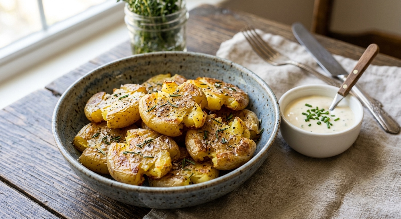 Una fotografía en primer plano que captura un bol de cerámica artesanal lleno de 'Smashed Crispy Potatoes' (patatas chafadas crujientes) doradas y asadas. Las patatas tienen bordes irregulares y crujientes y están sazonadas con romero fresco picado, tomillo y escamas de sal marina. El bol descansa sobre una mesa de madera oscura y rústica. Junto a él hay un pequeño recipiente blanco con salsa aioli cremosa espolvoreada con cebollino fresco picado y una pequeña cuchara de madera. Al fondo, cubiertos vintage sobre una servilleta de lino natural.