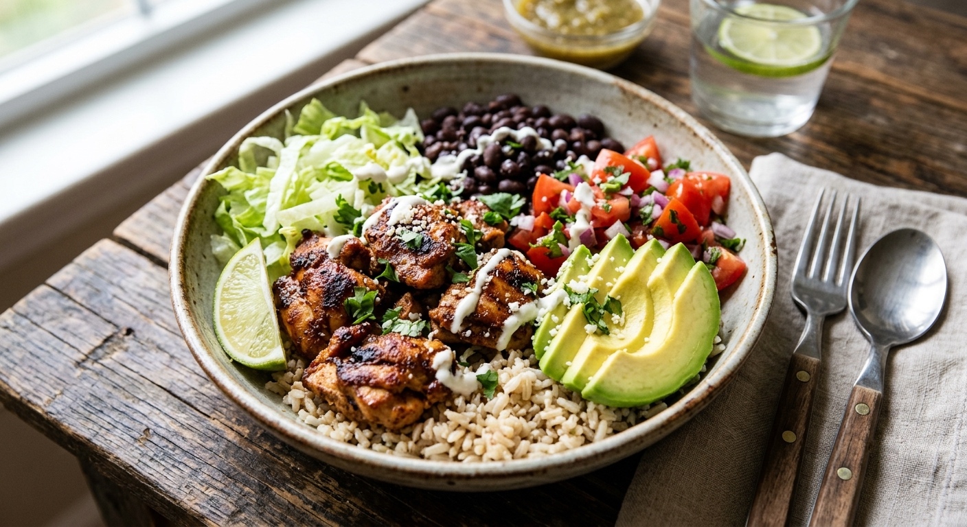 Un primer plano muy apetitoso de un burrito bowl saludable. Se aprecian jugosos trozos de pollo asado sazonados con especias, servidos sobre una base de arroz integral y acompañados de frijoles negros, lechuga fresca picada, dados de tomate fresco, cebolla y unas rebanadas de aguacate maduro y cremoso en un tazón rústico
