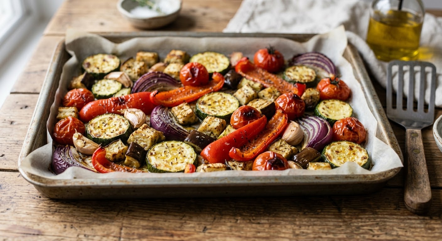 Una apetitosa toma de una bandeja de hornear de metal forrada con papel de pergamino y repleta de verduras asadas y caramelizadas sobre una mesa de madera rústica. Las verduras incluyen rodajas de calabacín, gajos de cebolla roja, tomates cherry enteros, mitades de pimientos rojos, cubos de berenjena y dientes de ajo enteros. En el fondo desenfocado se ve una espátula de metal y una botella de aceite de oliva.
