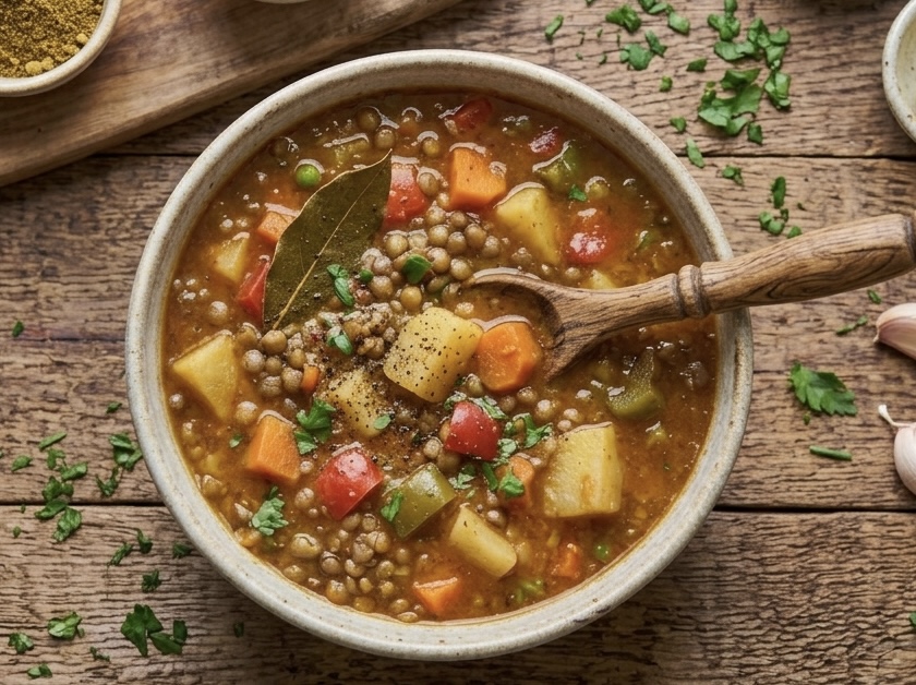 Primer plano de un cuenco rústico de cerámica moteada lleno de un abundante guiso de lentejas con trozos visibles de patata, zanahoria, pimiento rojo y verde. El guiso está adornado con una hoja de laurel, pimienta negra recién molida y perejil fresco picado. Una cuchara de madera tallada rústica está sumergida en el cuenco. En el fondo desenfocado, sobre una mesa de madera texturizada, se ven tres pequeños cuencos de cerámica que contienen especias (como comino y pimentón), un cuenco con rodajas de limón y dientes de ajo sueltos. El estilo es rústico y acogedor, con iluminación natural suave.