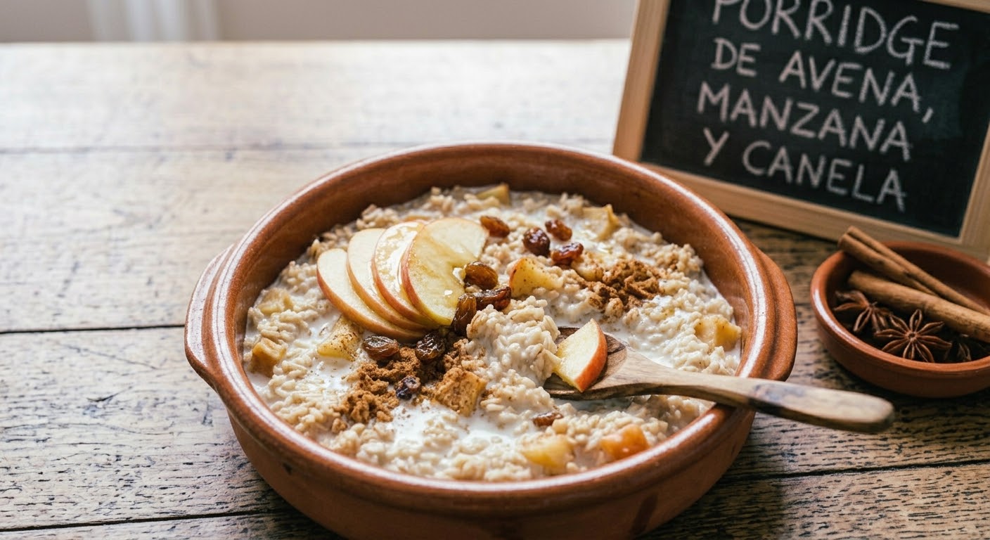 Un primer plano de un rústico bol de terracota lleno de cremosas gachas de avena (porridge) en una mesa de madera texturizada. Las gachas están decoradas con rodajas de manzana fresca dispuestas en abanico, pasas y canela molida. Una cuchara de madera rústica está sumergida en el bol. A la derecha, un pequeño bol con ramas de canela y anís estrellado. En el fondo, una pequeña pizarra con marco de madera tiene texto manuscrito en tiza que dice: "PORRIDGE DE AVENA, MANZANA Y CANELA". La luz es natural y suave.