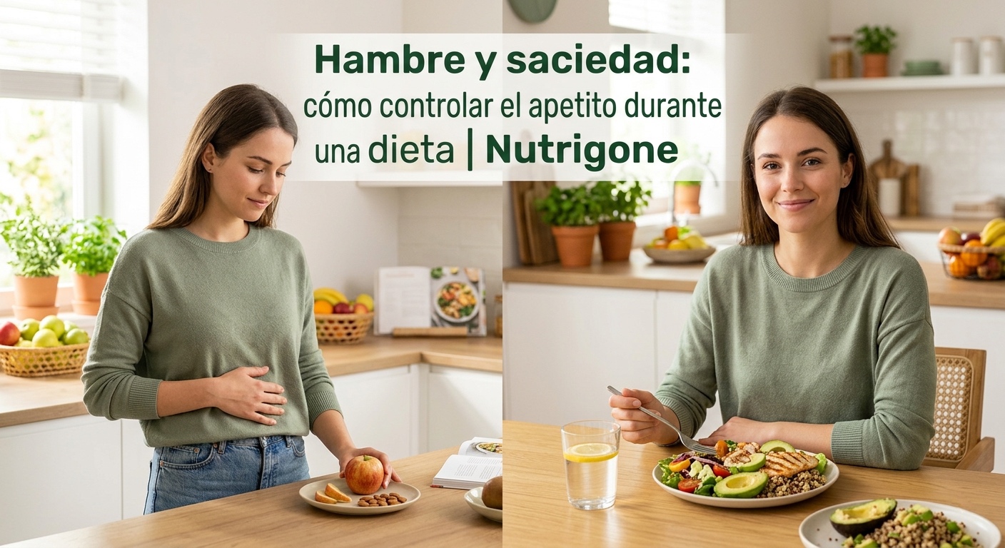 Composición fotográfica dividida en dos partes en una cocina luminosa. A la izquierda, una mujer se toca el estómago con expresión de hambre frente a un plato pequeño con una manzana; a la derecha, la misma mujer sonríe satisfecha y sin hambre frente a un plato grande y equilibrado con verduras, pollo y aguacate. En la parte superior se lee el texto: 'Hambre y saciedad: cómo controlar el apetito durante una dieta | Nutrigone