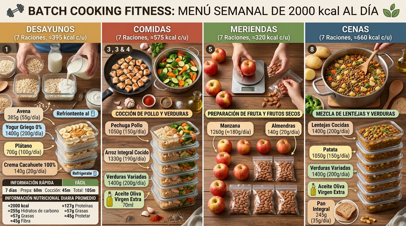 Una infografía completa titulada "BATCH COOKING FITNESS: MENÚ SEMANAL DE 2000 kcal AL DÍA" presentada sobre un fondo de madera rústica. La imagen está organizada en cuatro columnas de izquierda a derecha: Desayunos, Comidas, Meriendas y Cenas. Cada columna muestra pasos de preparación visuales y un desglose detallado de ingredientes por día para 7 raciones. La columna "Desayunos (7 Raciones, ≈395 kcal c/u)" ilustra la preparación de copos de avena con leche y yogur en frascos, apilados en el refrigerador. Los ingredientes por día son: Avena (385g total, 55g/día), Yogur Griego 0% (1400g total, 200g/día), Plátano (700g total, 100g/día) y Crema de Cacahuete 100% (140g total, 20g/día). La columna "Comidas (7 Raciones, ≈575 kcal c/u)" muestra pollo y verduras variadas cocinándose en la sartén y al vapor, luego montados en recipientes de vidrio con arroz integral cocido. Los ingredientes por día son: Pechuga Pollo (1050g total, 150g/día), Arroz Integral Cocido (1330g total, 190g/día), Verduras Variadas (1400g total, 200g/día) y Aceite Oliva Virgen Extra (70ml). La columna "Meriendas (7 Raciones, ≈320 kcal c/u)" presenta a una persona pesando manzanas enteras y porcionando almendras naturales. Los ingredientes por día son: Manzana (1260g total, ≈180g/día) y Almendras (140g total, 20g/día). La columna "Cenas (7 Raciones, ≈660 kcal c/u)" visualiza a una persona mezclando un estofado de lentejas cocidas con verduras y patatas, montado en recipientes de vidrio con pan integral. Los ingredientes por día son: Lentejas Cocidas (1400g total, 200g/día), Patata (1050g total, 150g/día), Verduras Variadas (1400g total, 200g/día), Aceite Oliva Virgen Extra (70ml) y Pan Integral (245g total, 35g/día). La parte inferior izquierda incluye una caja de "INFORMACIÓN RÁPIDA": 7 días, Prepa: 60m, Cocción: 45m, Total: 105m. Dificultad "FÁCIL". Debajo, una tabla de "INFORMACIÓN NUTRICIONAL DIARIA PROMEDIO" lista: ≈2000 kcal, ≈127g Proteínas, ≈255g Hidratos de carbono, ≈57g Grasas, ≈45g Fibra.