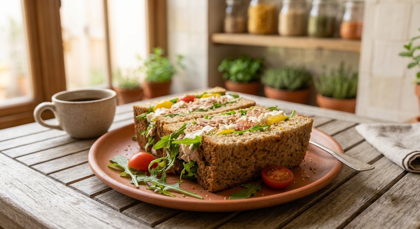 Un primer plano de un gran sándwich rústico de grano entero cortado por la mitad, relleno de pescado desmenuzado, queso feta, rúcula, tomates y pimientos, servido en un plato de terracota sobre una mesa de madera gris, con una taza de café y hierbas en macetas al fondo.