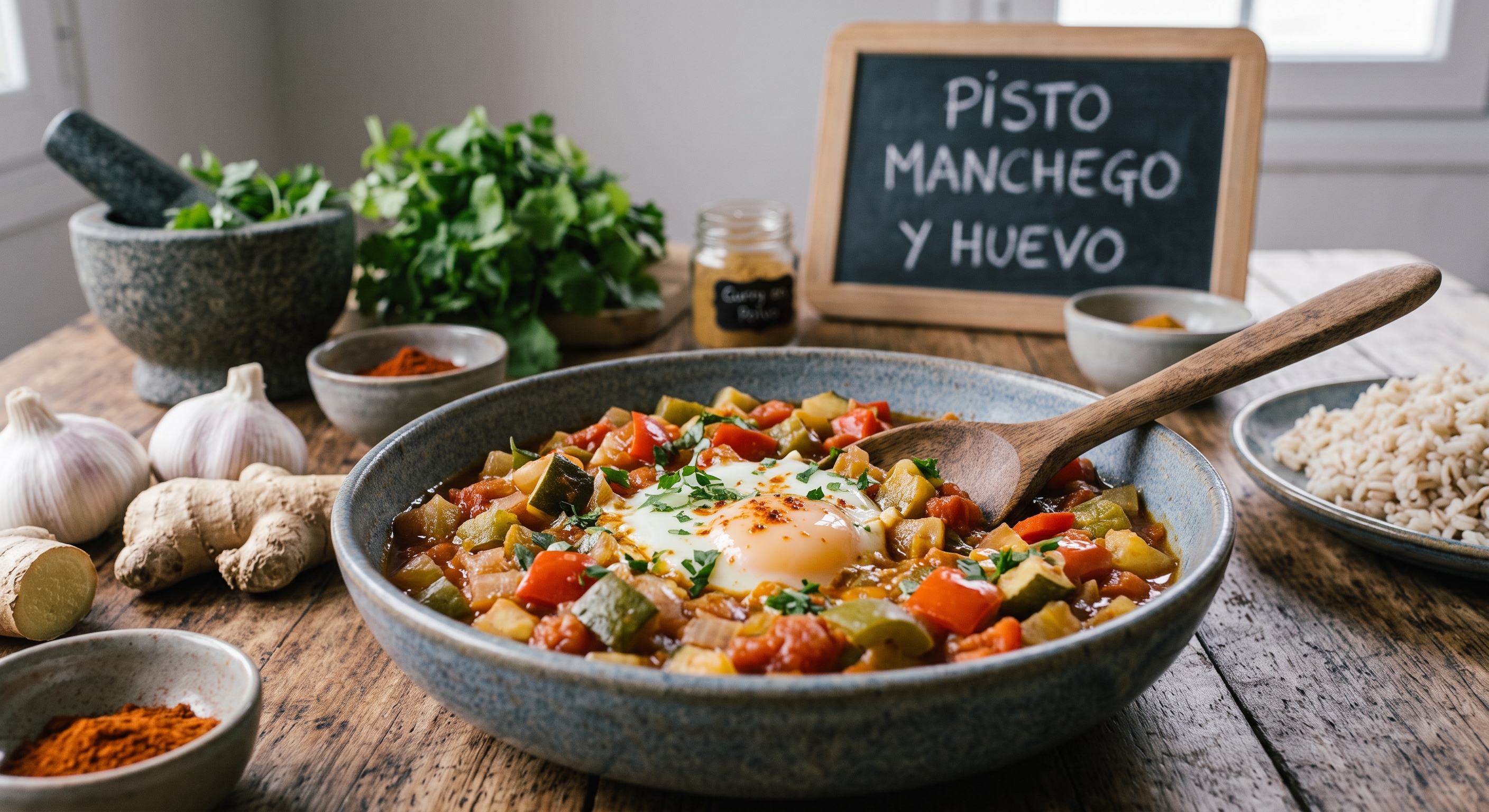 Una fotografía gastronómica sobre una mesa de madera rústica, con un bol central de cerámica lleno de pisto manchego (un guiso de verduras con calabacín, pimiento rojo, cebolla y tomate) coronado con un huevo frito, pimentón y perejil fresco. Una cuchara de madera está en el bol. A su alrededor, hay ingredientes frescos: ajo, jengibre, mortero con cilantro, un tarro de curry en polvo y un plato de arroz. Una pequeña pizarra al fondo dice "PISTO MANCHEGO Y HUEVO".