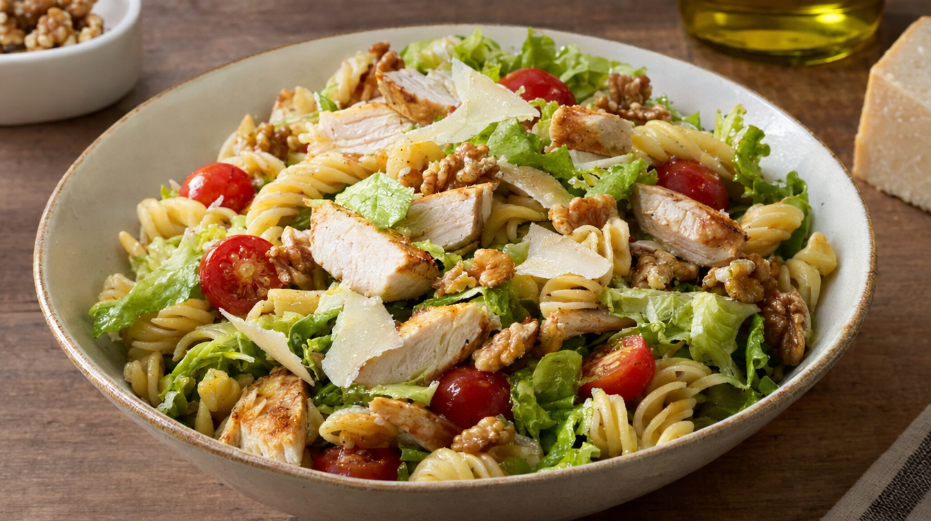 Ensalada de espirales con pollo, nueces y parmesano