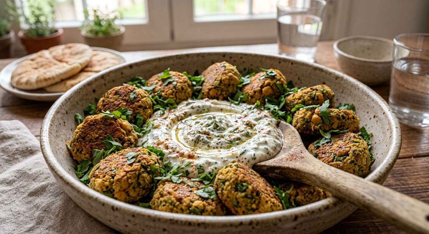 Un primer plano fotográfico de un tazón rústico de cerámica lleno de bolitas de falafel doradas y crujientes, dispuestas alrededor de un remolino central de salsa cremosa (como hummus o tzatziki) coronada con hierbas frescas, especias y un chorrito de aceite de oliva. El tazón descansa sobre una mesa de madera junto a una servilleta de lino. Al fondo hay vasos de agua, pan pita y una ventana con luz natural y plantas en macetas.