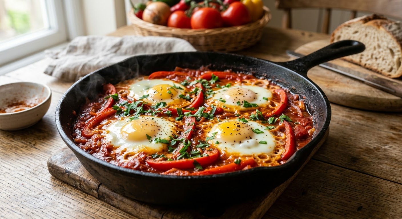 Un plano medio apetitoso de una sartén de hierro fundido negra con Shakshuka caliente y humeante, descansando sobre una mesa de madera rústica. La Shakshuka contiene cuatro huevos perfectamente cocinados con la yema líquida en una rica salsa de tomate y pimientos rojos en rodajas, todo espolvoreado con perejil fresco picado y pimienta negra. Al fondo hay una cesta de mimbre con tomates frescos y pimientos, y una hogaza de pan artesanal con un cuchillo sobre una tabla de cortar. La luz natural entra por una ventana.