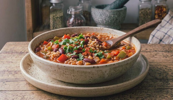 Un cuenco de cerámica rústica y un platillo a juego, llenos de un abundante guiso de alubias rojas y cereales integrales (como arroz integral o farro), con trozos visibles de zanahoria, apio y pimiento. El guiso está cubierto con perejil fresco picado y una pizca de pimentón, con una cuchara de madera sumergida. El cuenco descansa sobre una mesa de madera veteada. Al fondo, hay una estantería de madera con varios frascos de vidrio con especias secas, un mortero y mano de piedra, y un paño de cocina a cuadros azul y blanco, con luz natural suave que entra por una ventana a la izquierda.
