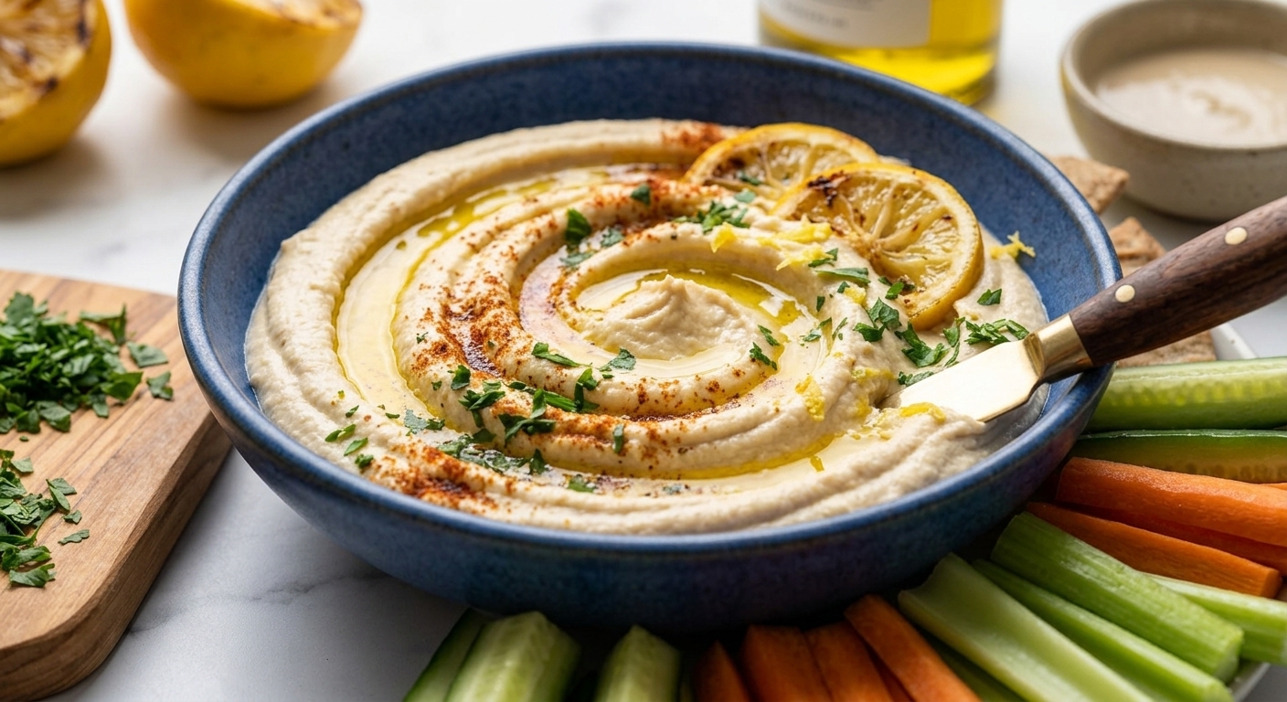 Un primer plano de un cuenco de cerámica azul lleno de hummus cremoso. El hummus está decorado con un remolino de aceite de oliva, pimentón ahumado, perejil fresco picado y dos rodajas de limón a la parrilla. Alrededor del cuenco hay palitos de verduras frescas (pepino, zanahoria, apio) para dipear. Un cuchillo con mango de madera está insertado en el hummus. Al fondo, se ven limones asados y perejil picado sobre una tabla de madera.