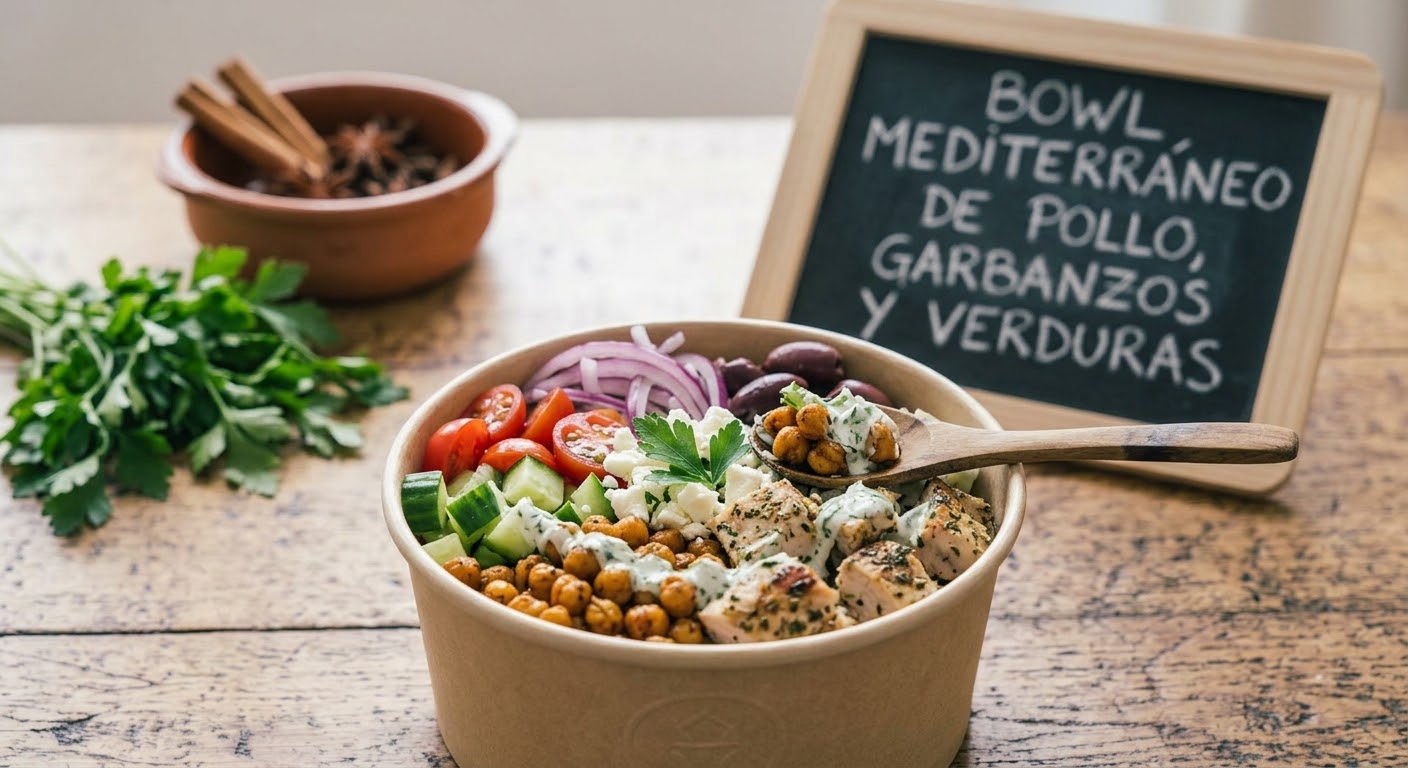 Tazón mediterráneo de pollo, garbanzos asados, verduras frescas y queso feta con aderezo cremoso, servido en un tazón de papel.