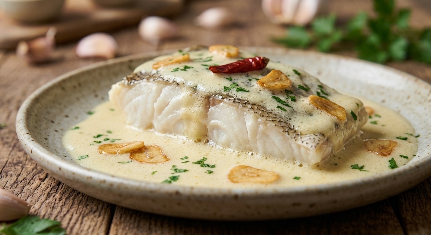 Un primer plano de un lomo de bacalao cocido en un plato de cerámica rústica sobre una mesa de madera texturizada. El pescado está cubierto y rodeado por una cremosa salsa de ajo y aceite, decorado con perejil fresco picado y abundante ajo frito y crujiente. Una pequeña guindilla roja seca corona el pescado. El fondo está desenfocado y muestra más dientes de ajo y perejil fresco.