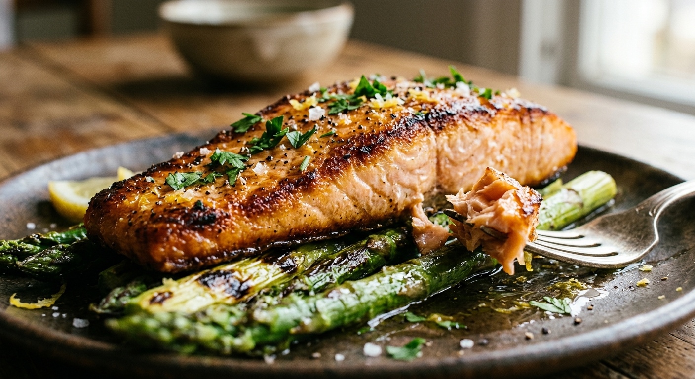 Un primer plano apetitoso de un filete de salmón frito con la piel dorada y crujiente, servido sobre una cama de espárragos verdes asados. El salmón está sazonado con perejil fresco picado y sal marina. Un tenedor a la derecha sostiene un trozo desmenuzado del salmón. El plato rústico está sobre una mesa de madera con rodajas de limón y un tazón desenfocado al fondo.
