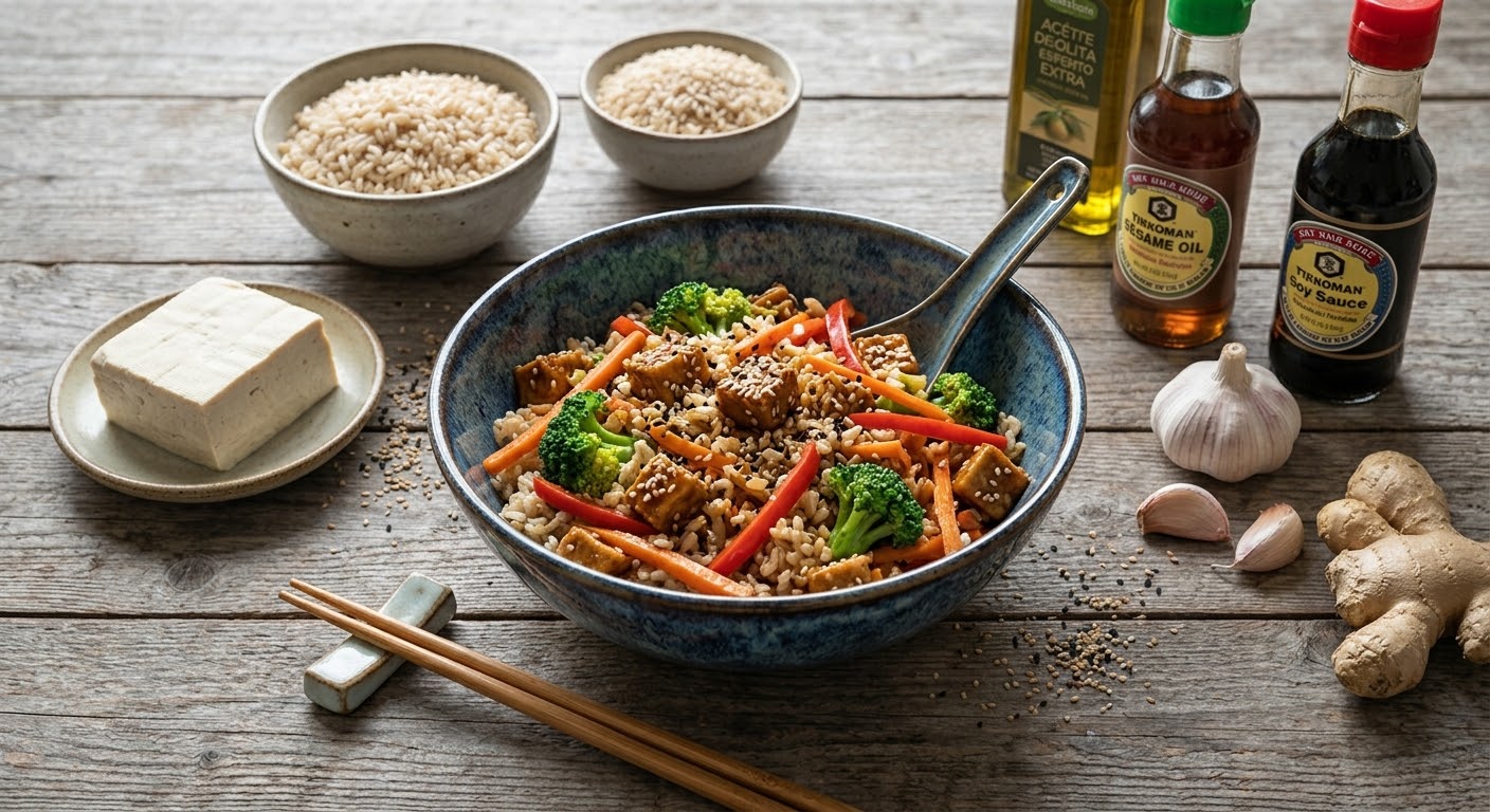 Una toma a nivel de los ojos en una mesa rústica de madera gris, centrada en un gran bol de cerámica azul con un salteado de arroz integral, cubos de tofu dorado, brócoli, pimiento rojo y zanahoria, espolvoreado con semillas de sésamo y una cuchara de metal. A la izquierda hay dos boles pequeños con arroz integral cocido y un plato con un bloque de tofu firme crudo, junto a unos palillos en un soporte. A la derecha, botellas de aceite de oliva, aceite de sésamo Kikkoman y salsa de soja Yamasa, una cabeza de ajo entera, dientes de ajo y una raíz de jengibre fresca. Semillas de sésamo sueltas están esparcidas sobre la mesa.