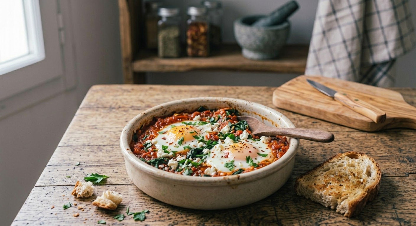 Un plato de shakshuka con huevos fritos, salsa de tomate, espinacas y queso feta sobre una mesa de madera rústica, con una rebanada de pan tostado a un lado