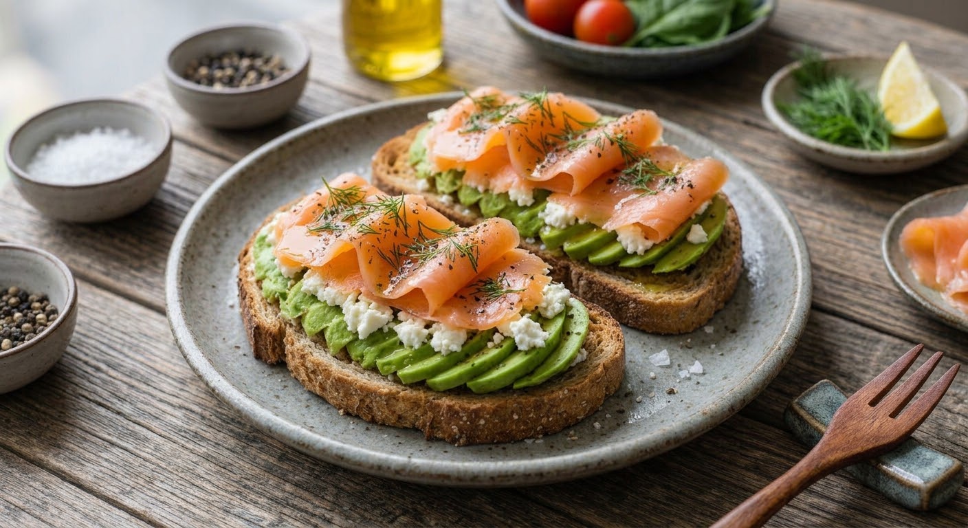 Vista en ángulo de un plato rústico de cerámica jaspeada que presenta dos tostadas integrales montadas en capas. Sobre el pan tostado se dispone una base de aguacate en láminas, seguida de queso fresco desmenuzado, y coronadas en la parte superior con unas lonchas onduladas de salmón ahumado. Las tostadas están finamente decoradas con pimienta negra molida y ramitas de eneldo fresco. El plato está situado sobre una mesa de madera desgastada, rodeado de pequeños cuencos con los ingredientes complementarios: sal gruesa, granos de pimienta, eneldo con un gajo de limón y unas lonchas de salmón extra. De fondo desenfocado se aprecia una botella de aceite de oliva y un cuenco con tomates cherry y espinacas, mientras que en primer plano a la derecha descansa un tenedor de madera sobre un soporte de cerámica.