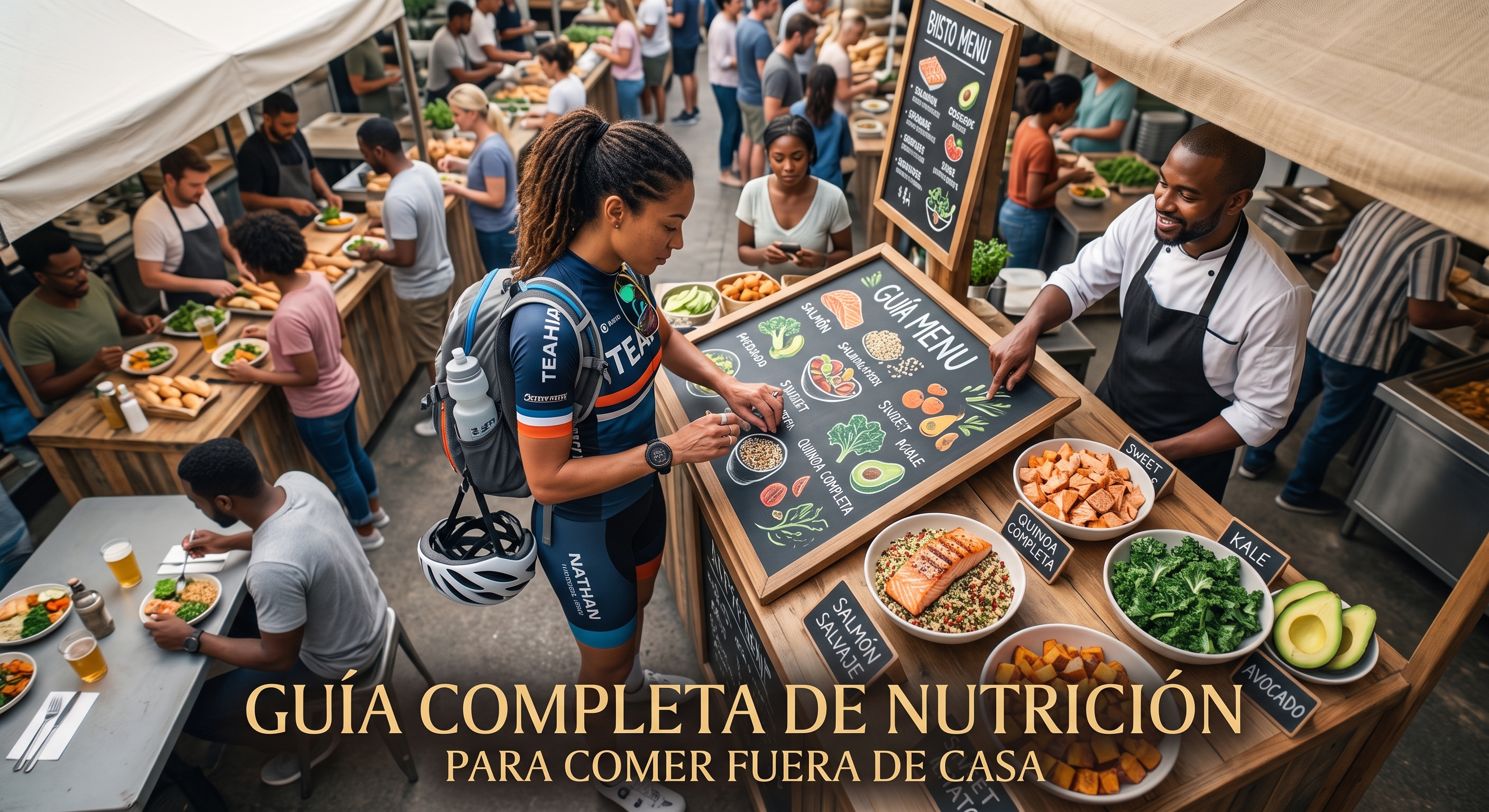 Vista aérea de un concurrido mercado de comida saludable al aire libre. En el primer plano, una mujer negra con uniforme de ciclismo del 'TEAM NATHAN' y mochila de hidratación está agachada, interactuando con un menú de pizarra en un puesto de comida. Un sonriente cocinero negro detrás del puesto le señala la pizarra, que tiene el título "GUÍA MENU" e ilustraciones de ingredientes. El puesto de madera exhibe cuencos de ingredientes frescos y saludables, como salmón a la parrilla, quinoa, col rizada (kale), aguacate y boniatos asados, con etiquetas de tiza que los identifican como 'SALMÓN SALVAJE', 'QUINOA COMPLETA', etc. Varias otras personas están de pie y sentadas en mesas bajo toldos en el fondo, creando un ambiente animado. En la parte inferior derecha, hay un texto superpuesto en español que dice: 'GUÍA COMPLETA DE NUTRICIÓN: PARA COMER FUERA DE CASA'.