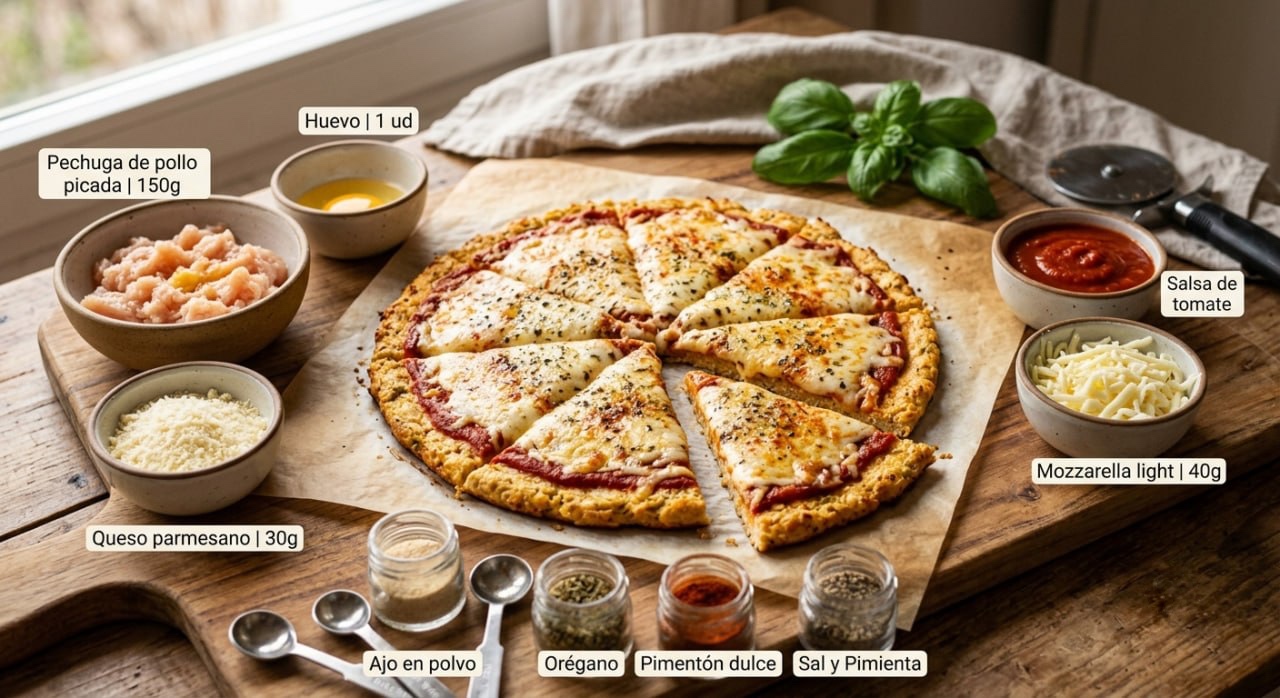Pizza con base de pechuga de pollo recién horneada y cortada en porciones sobre papel vegetal, rodeada de bowls con huevo, queso parmesano, mozzarella light, salsa de tomate y especias