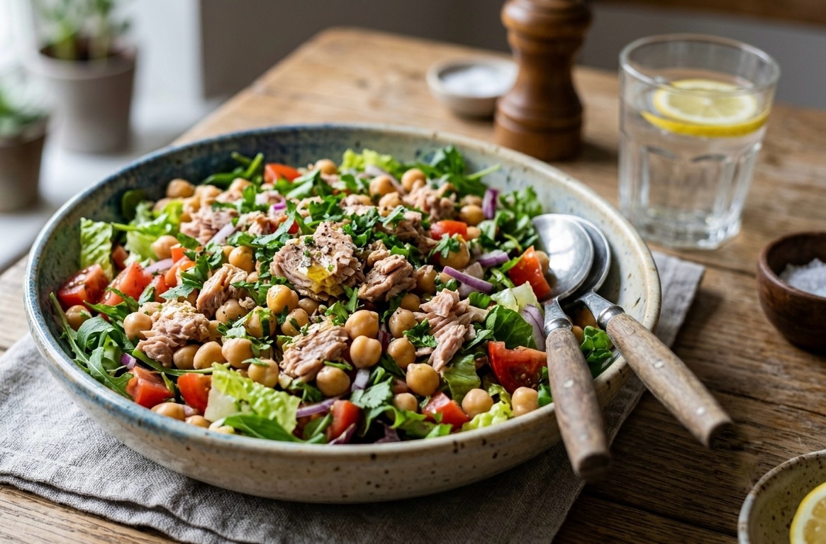 Vista cenital de una ensalada saludable de atún al natural con garbanzos cocidos, lechuga y tomate fresco, servida en un bol rústico sobre una mesa de mader