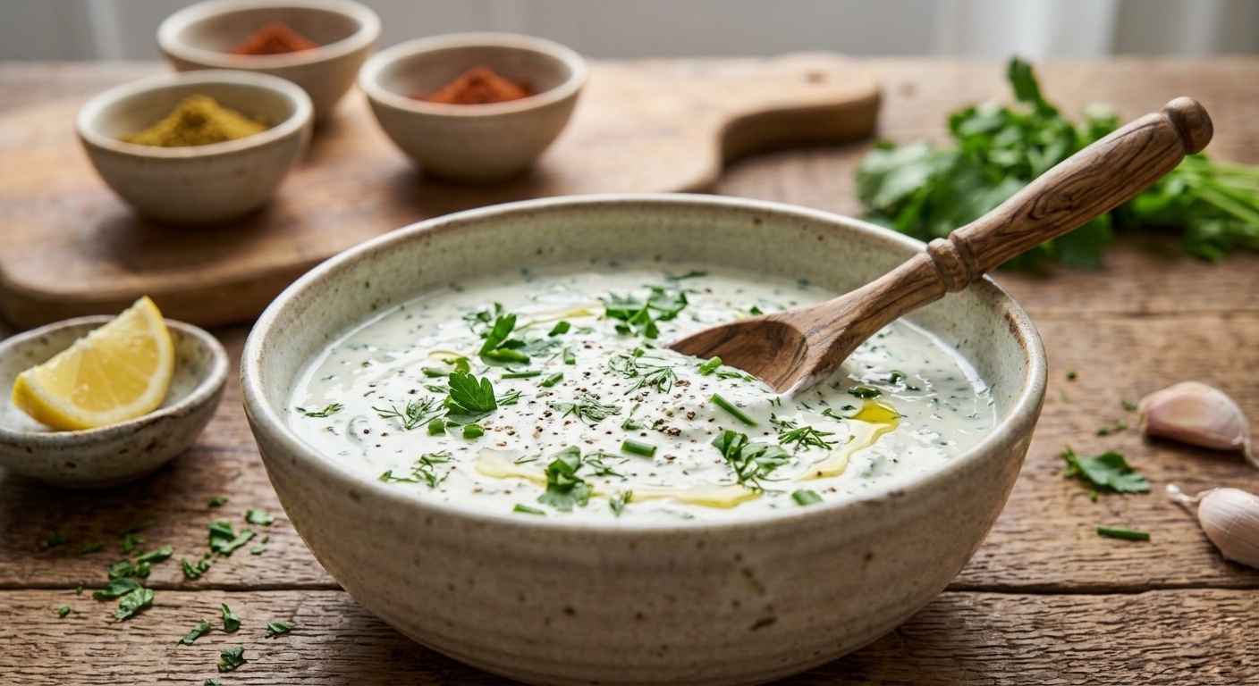 Un tazón de cerámica rústica moteada lleno de salsa cremosa de yogur o dip, decorado con hierbas frescas picadas (como cilantro), pimienta negra molida y gotas de aceite de oliva. Una cuchara de madera tallada está parcialmente sumergida en la salsa. El tazón descansa sobre una mesa de madera rústica. En el fondo desenfocado, se ven tres tazones pequeños con especias de colores, gajos de limón en un tazón pequeño, dientes de ajo sueltos y un manojo de cilantro fresco. La iluminación es natural y suav