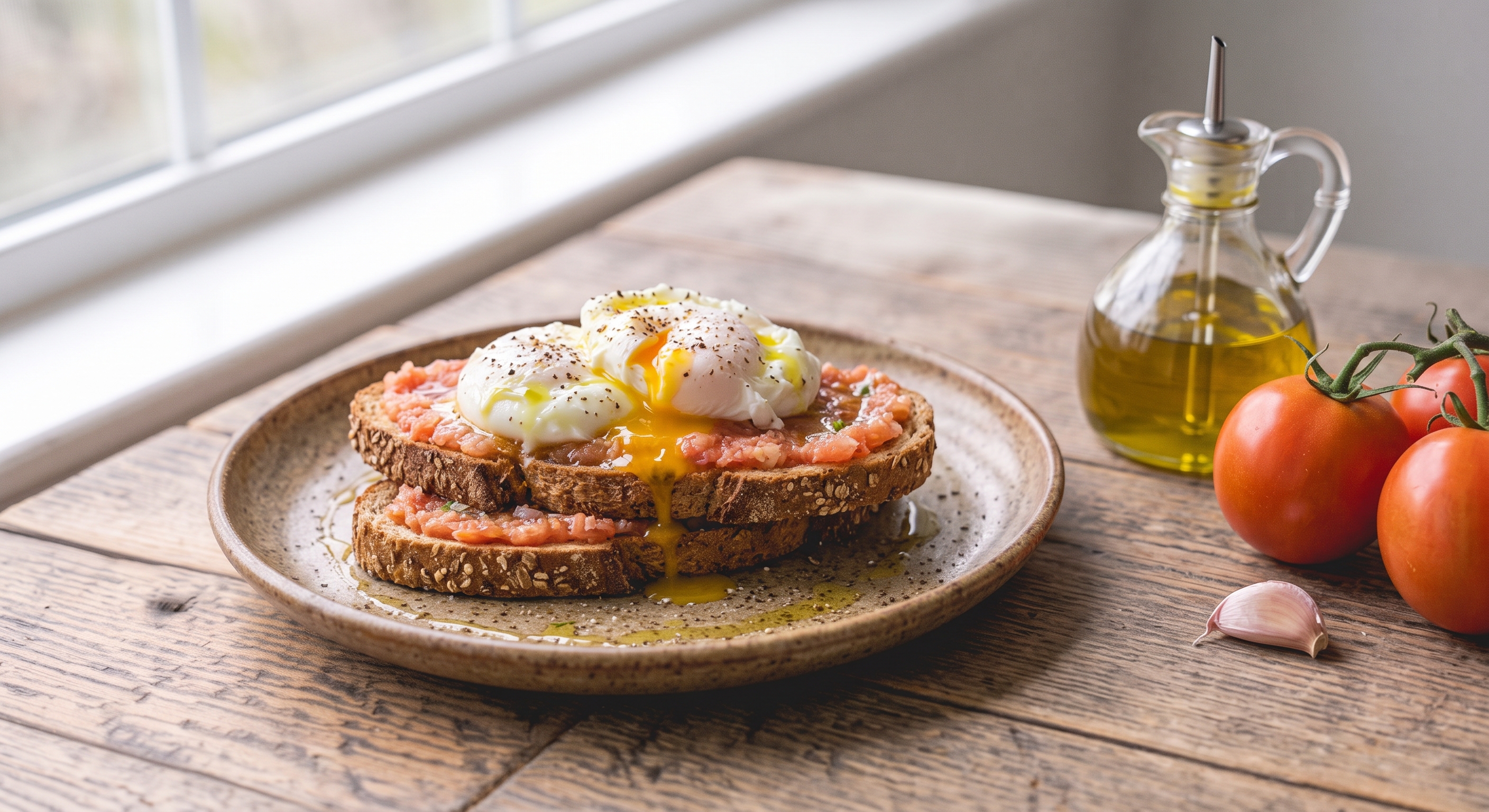 Una toma en ángulo de un plato de cerámica moteada con dos rebanadas de pan integral tostado cubiertas con tomate triturado y dos huevos escalfados. Un huevo tiene la yema rota y líquida, que gotea sobre el pan. Están espolvoreados con pimienta negra molida. El plato está sobre una mesa de madera rústica, junto a una aceitera de vidrio tradicional con aceite de oliva, tomates frescos en rama y un diente de ajo. Una ventana blanca con múltiples paneles está al fondo a la izquierda, dejando entrar luz natural.