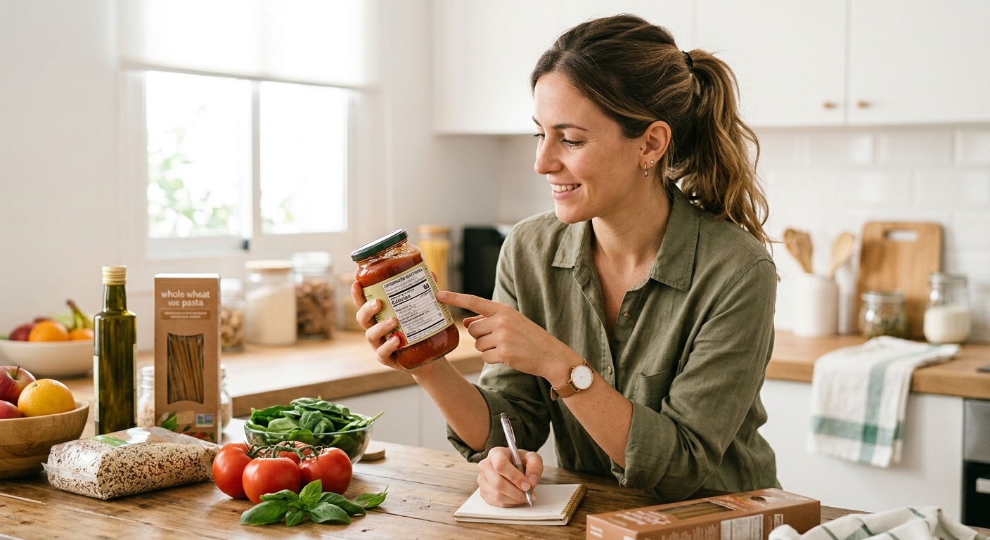 Una mujer sonriente en una cocina luminosa analizando y señalando con el dedo la etiqueta nutricional de un tarro de cristal. Con la otra mano sostiene un bolígrafo para tomar notas en una libreta, apoyada sobre una mesa de madera rodeada de alimentos e ingredientes saludables como tomates frescos, hojas de albahaca, espinacas, pasta integral y aceite de oliva.